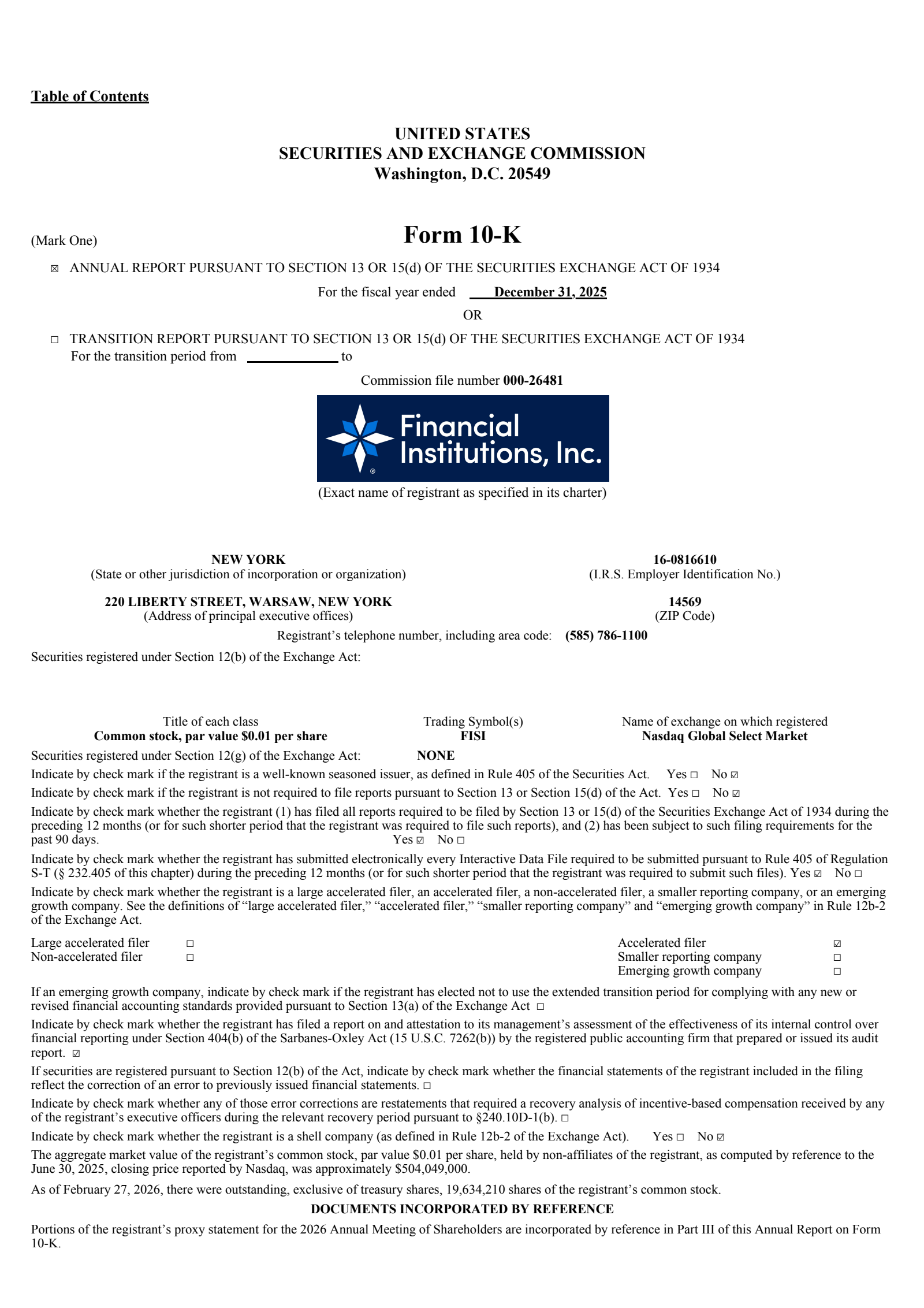 Financial Institutions' Q4 2025 Annual report
