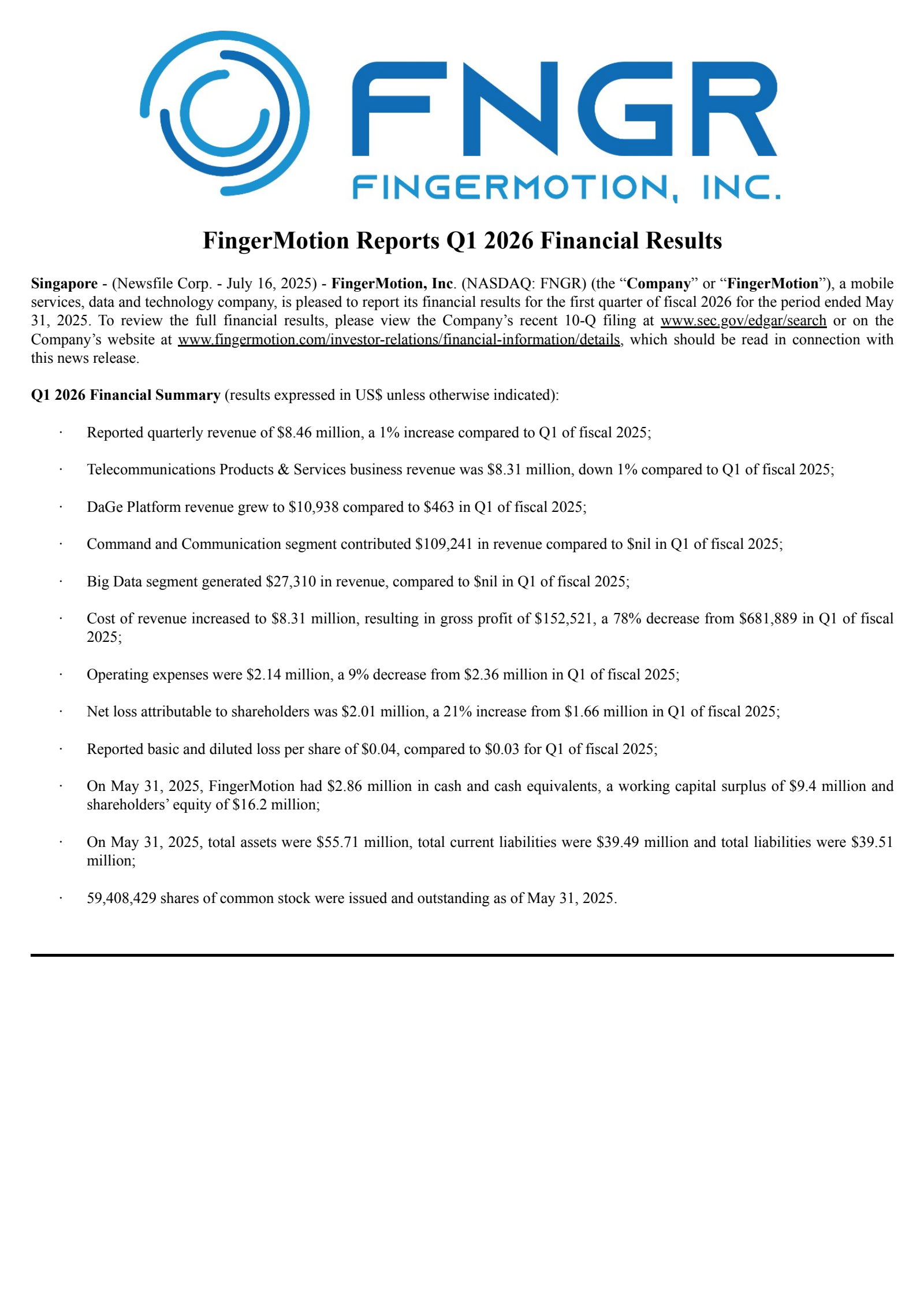 FingerMotion's Q1 2026 Press Release