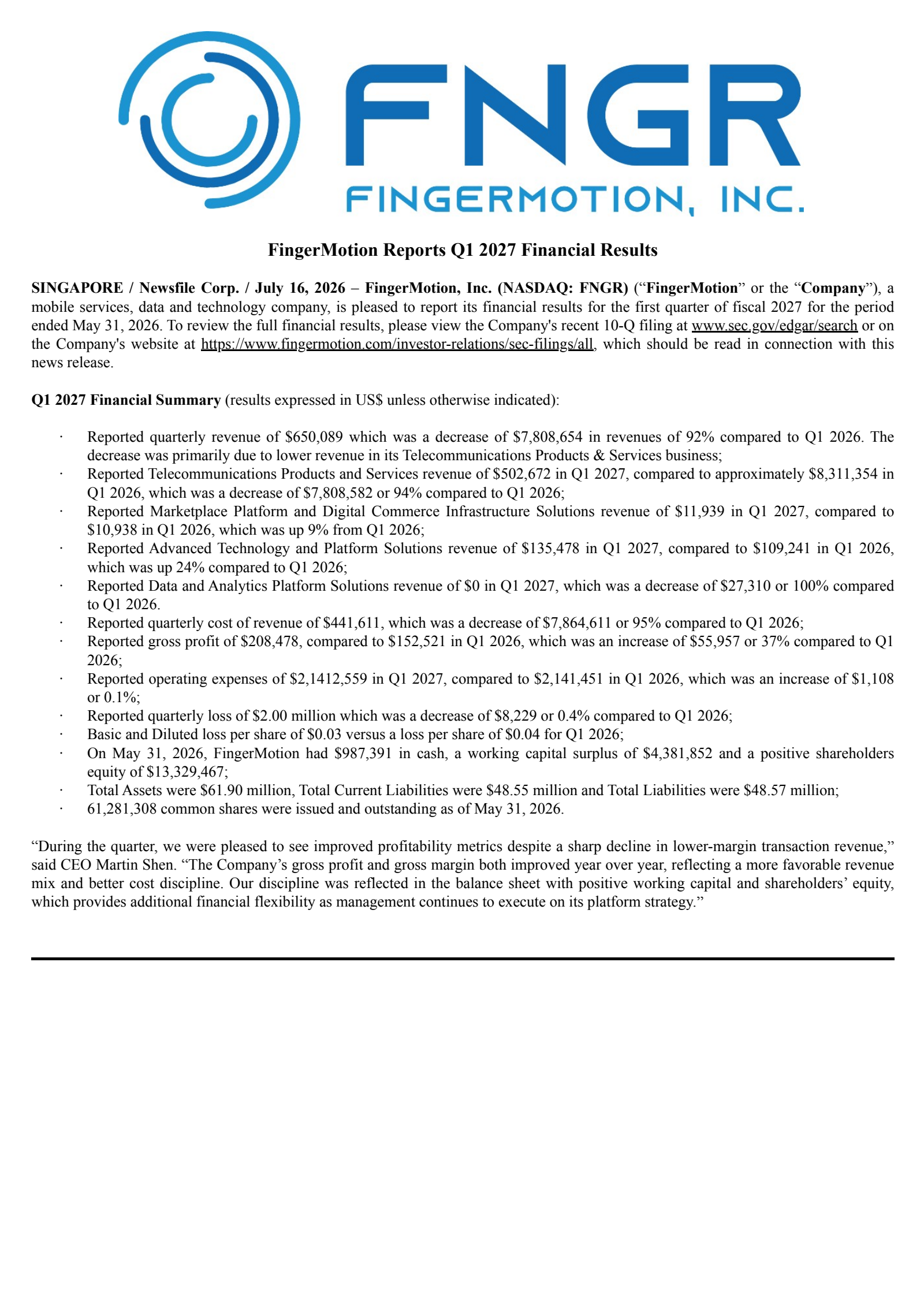 FingerMotion's Q1 2027 Press Release