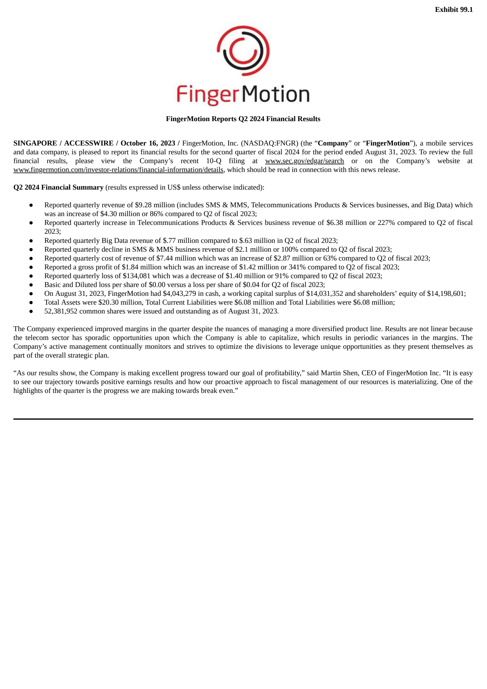 FingerMotion's Q2 2024 Press Release