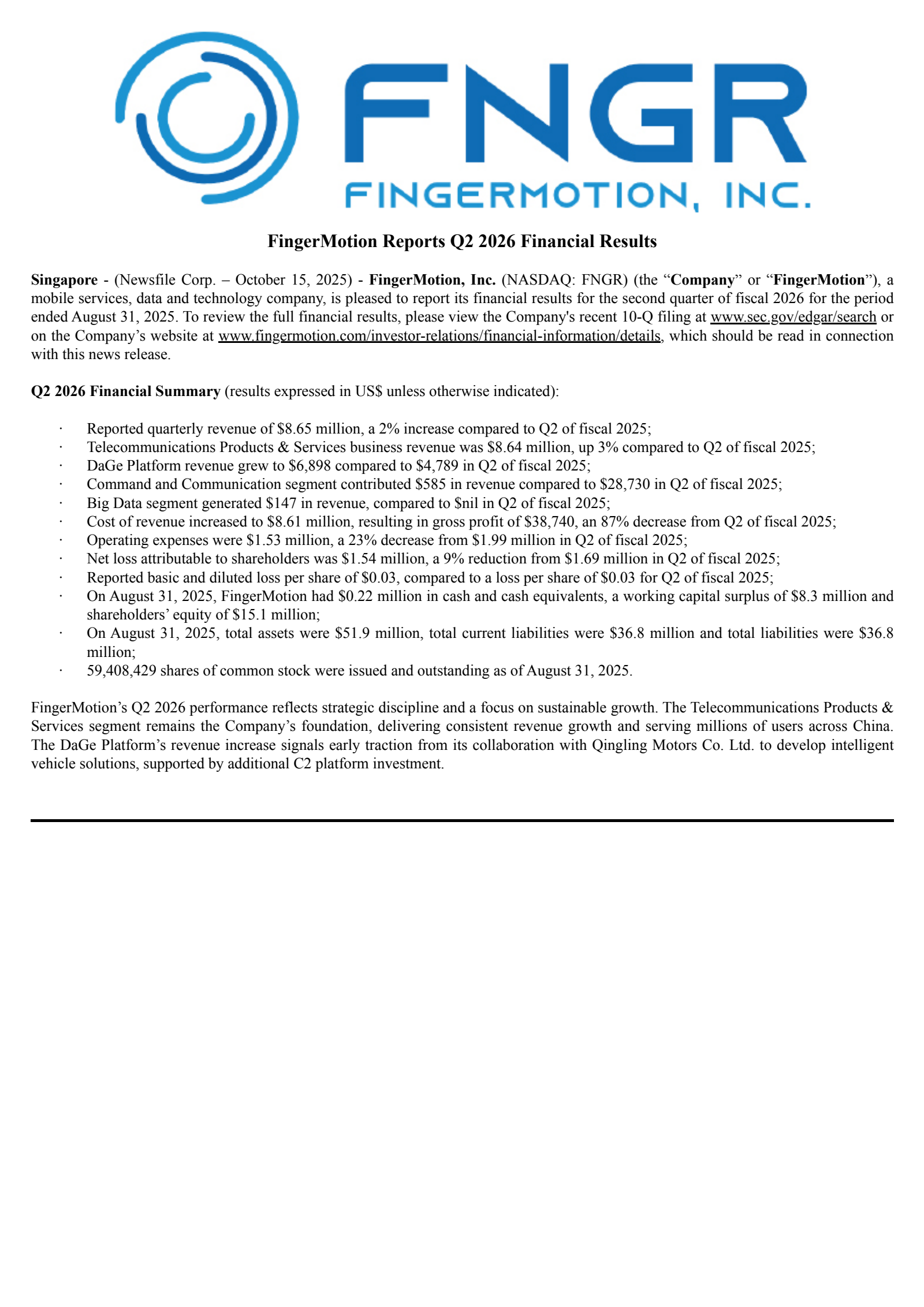 FingerMotion's Q2 2026 Earnings Release
