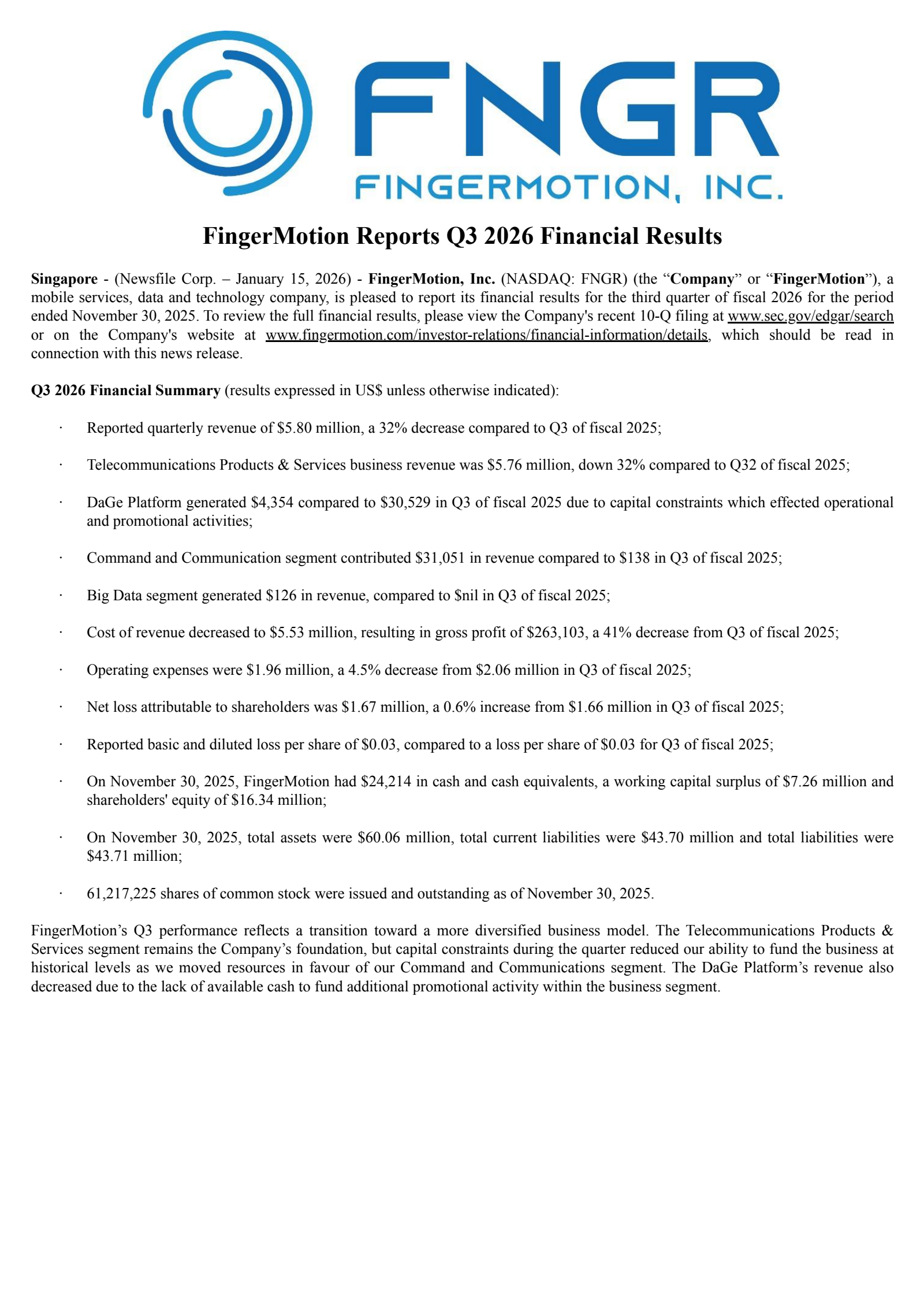 FingerMotion's Q3 2026 Press Release