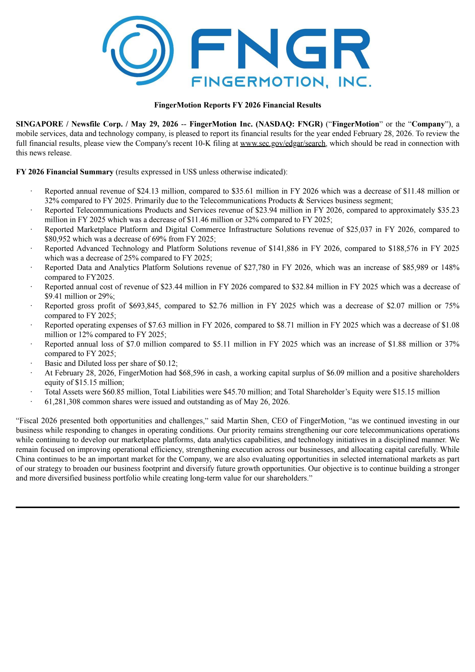 FingerMotion's Q4 2026 Press Release