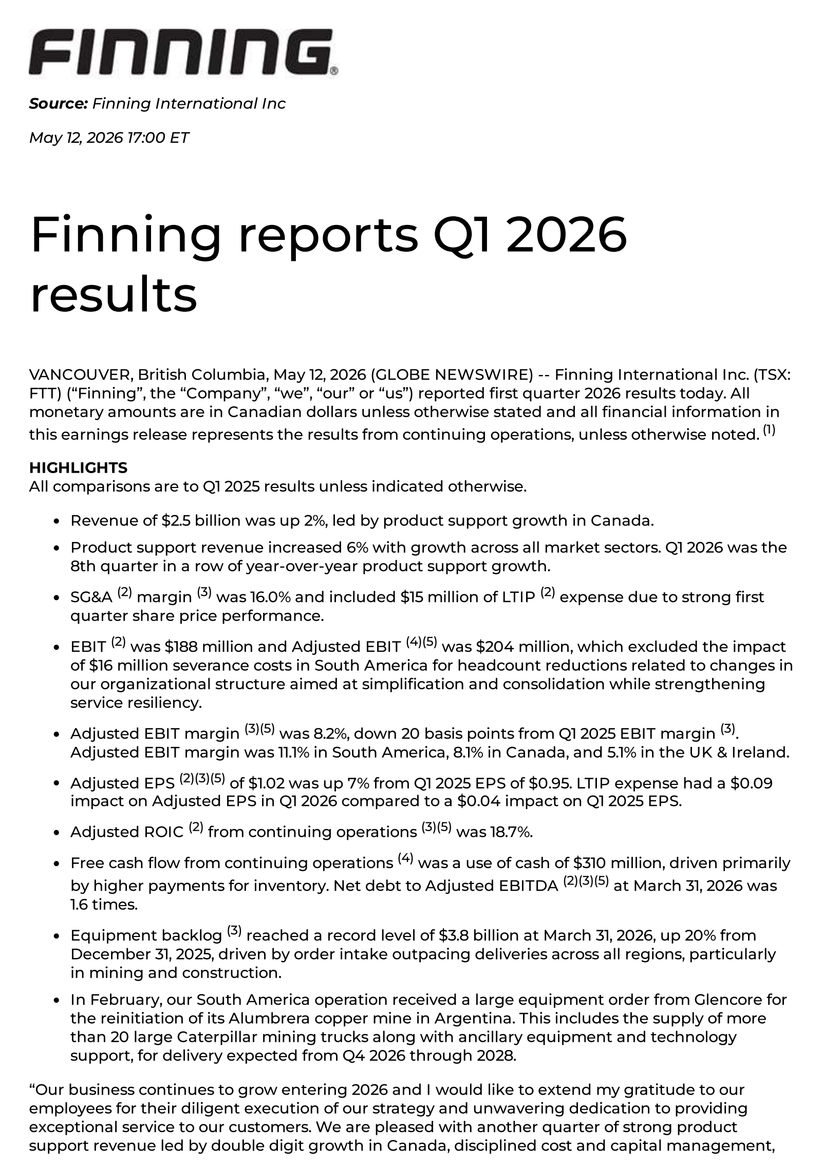 Finning International's Q1 2026 Press Release