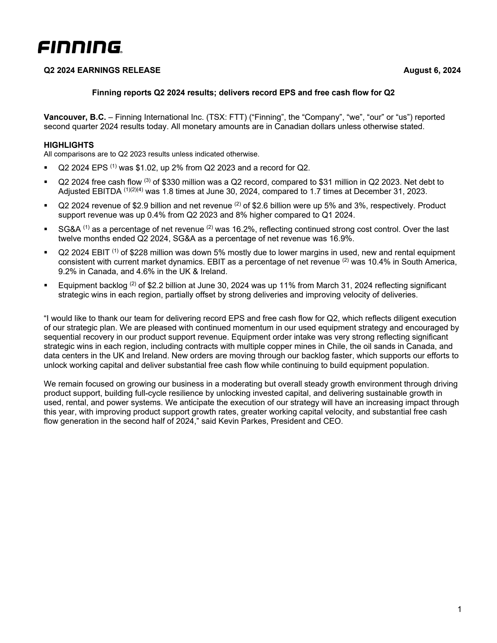 Finning International's Q2 2024 Interim report