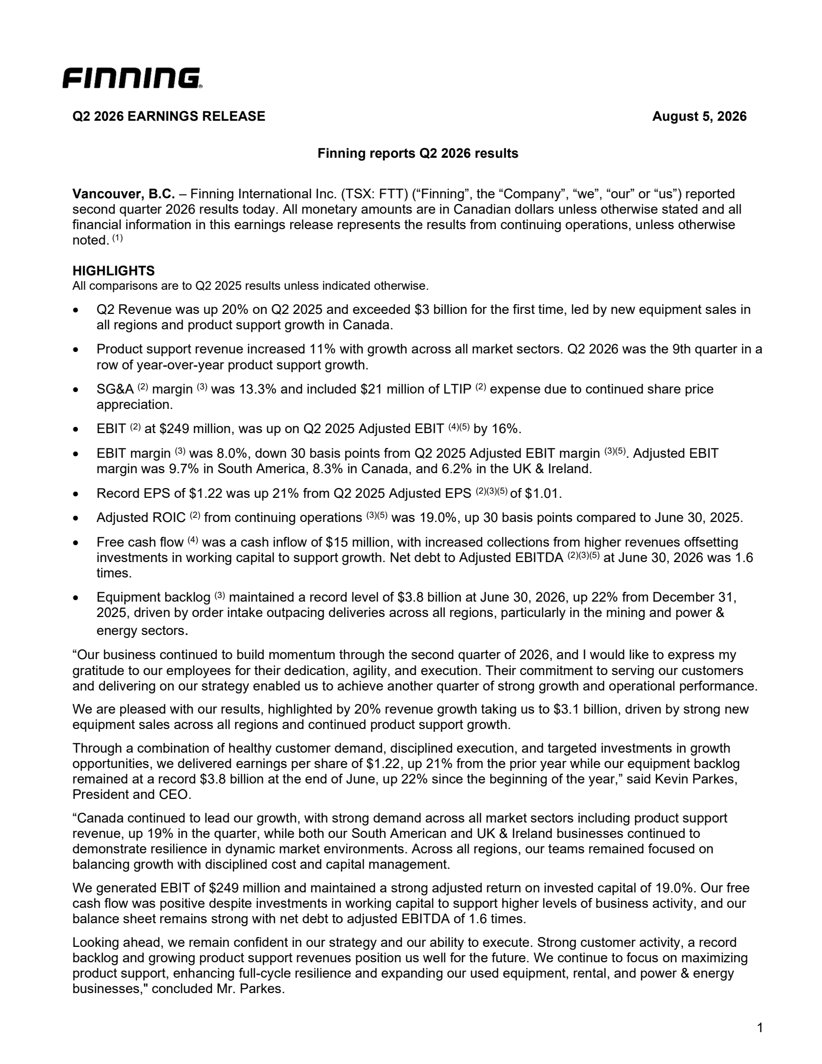 Finning International's Q2 2026 Press Release