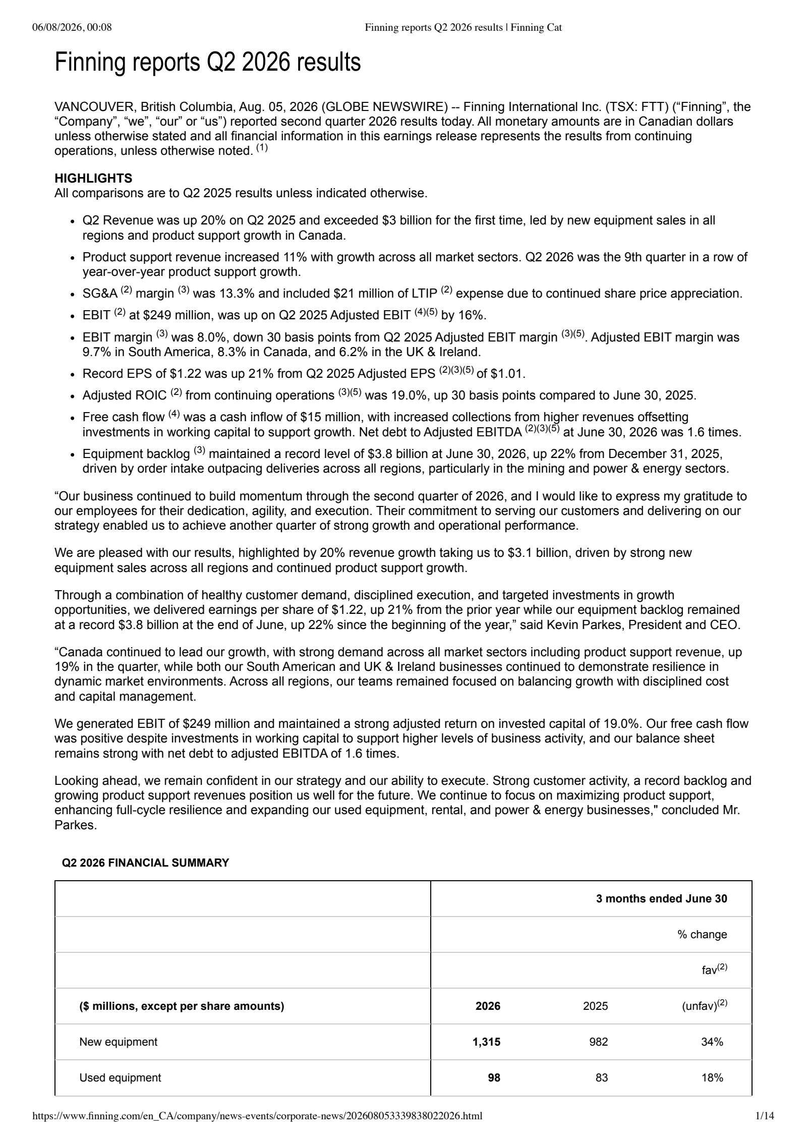 Finning International's Q2 2026 Press Release
