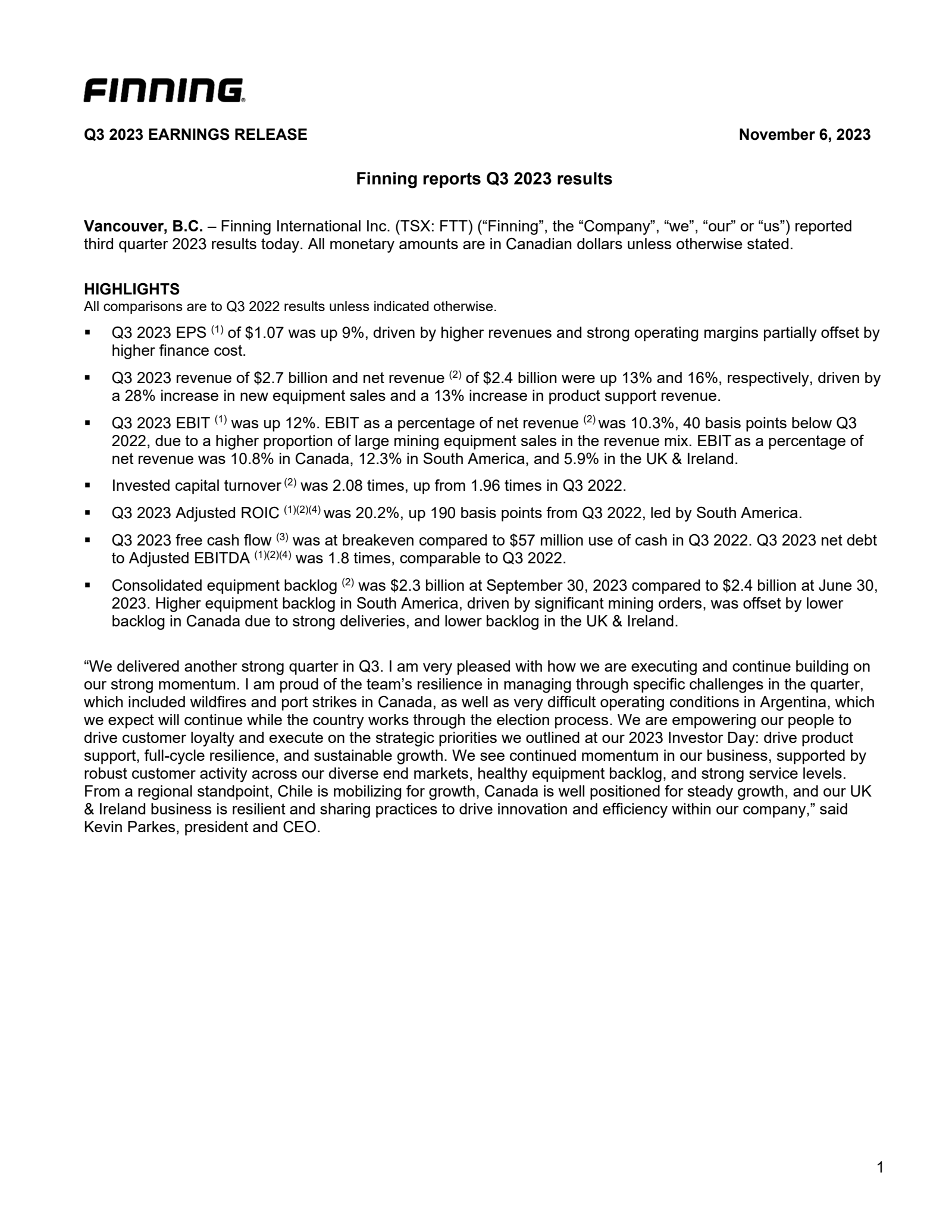 Finning International's Q3 2023 Press Release