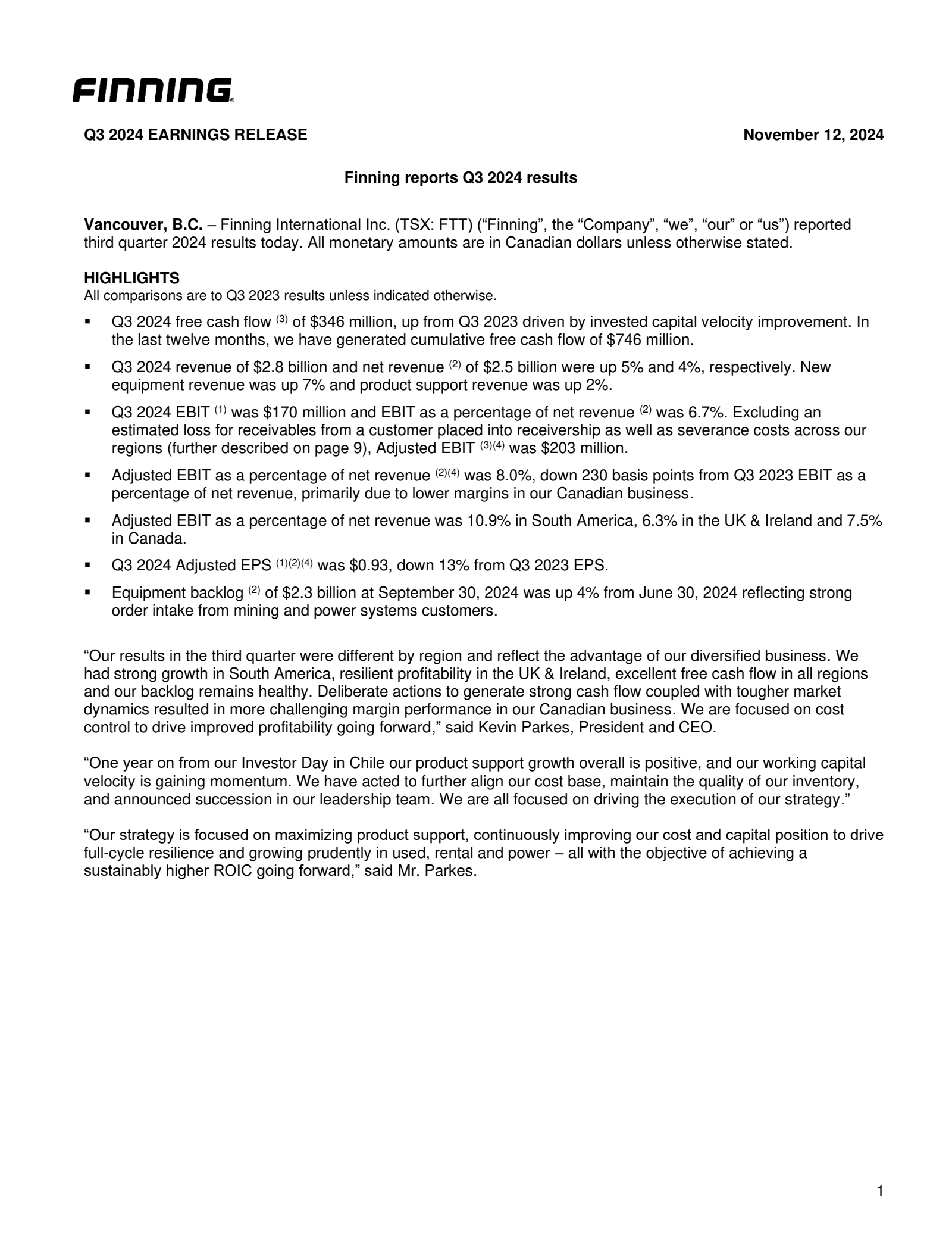 Finning International's Q3 2024 Interim report