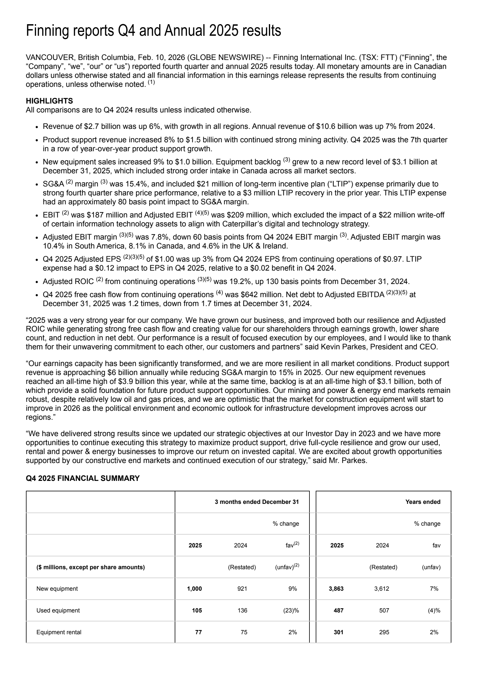 Finning International's Q4 2025 Press Release