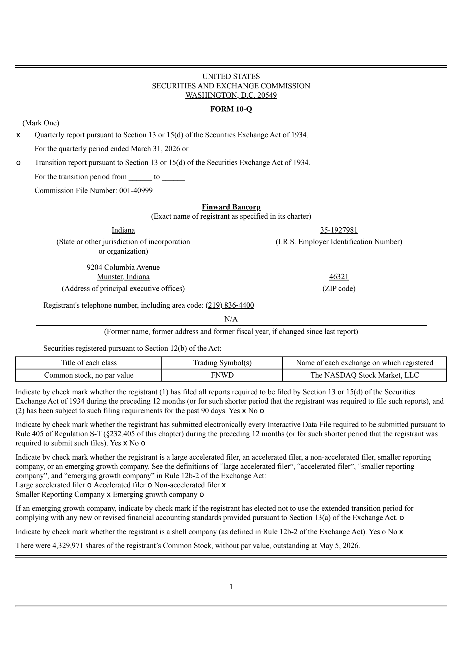 Finward Bancorp's Q1 2026 Quarterly report