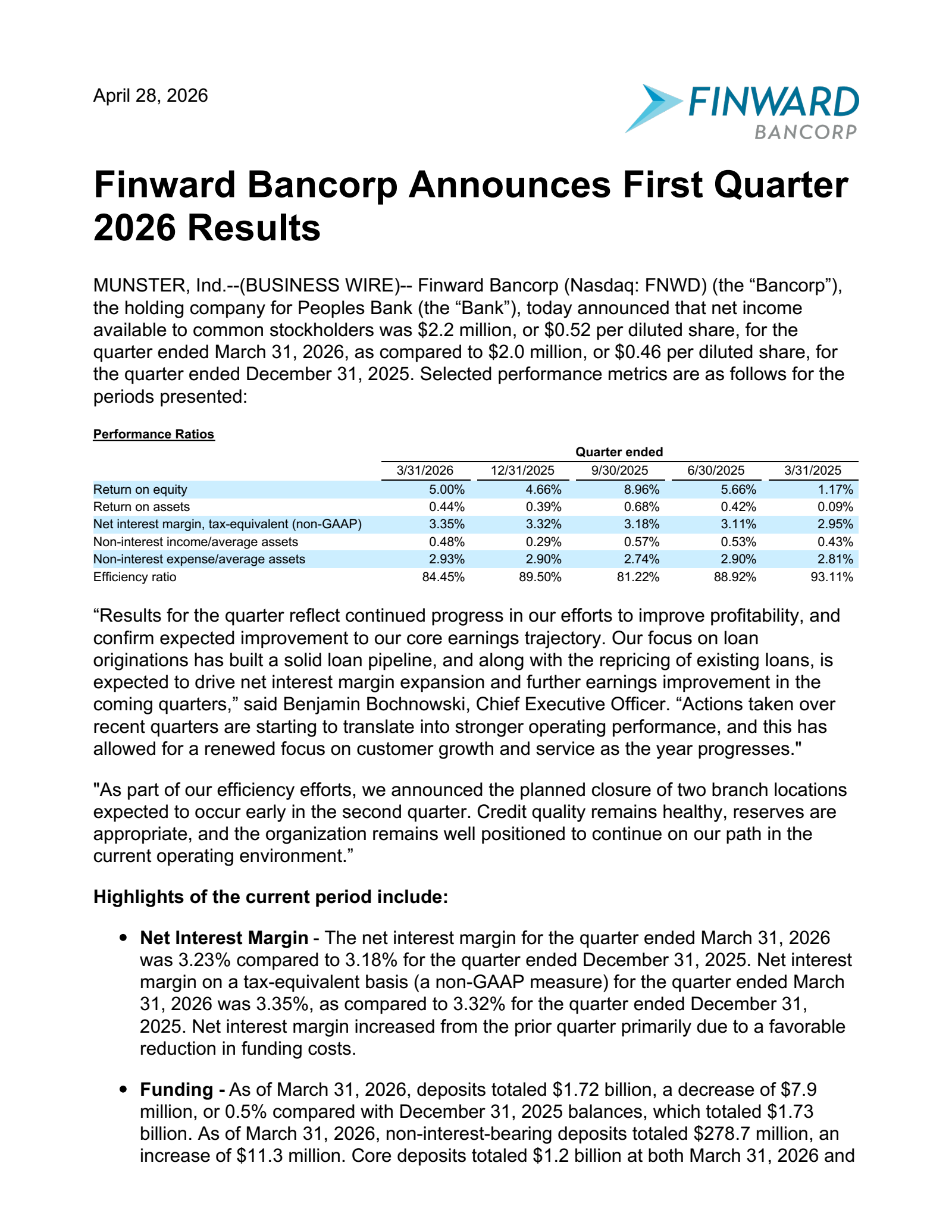 Finward Bancorp's Q1 2026 Press Release