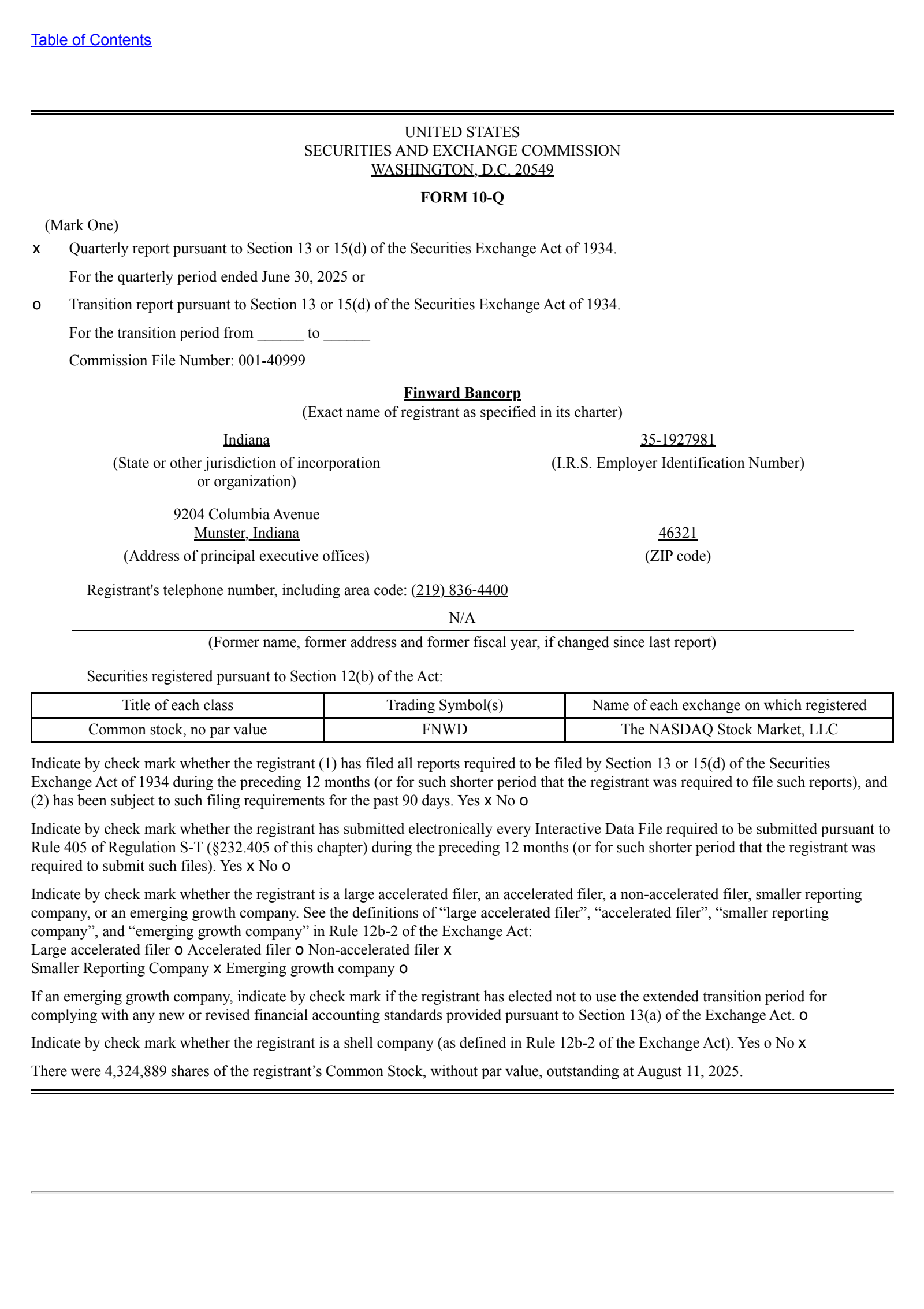 Finward Bancorp's Q2 2025 Quarterly report
