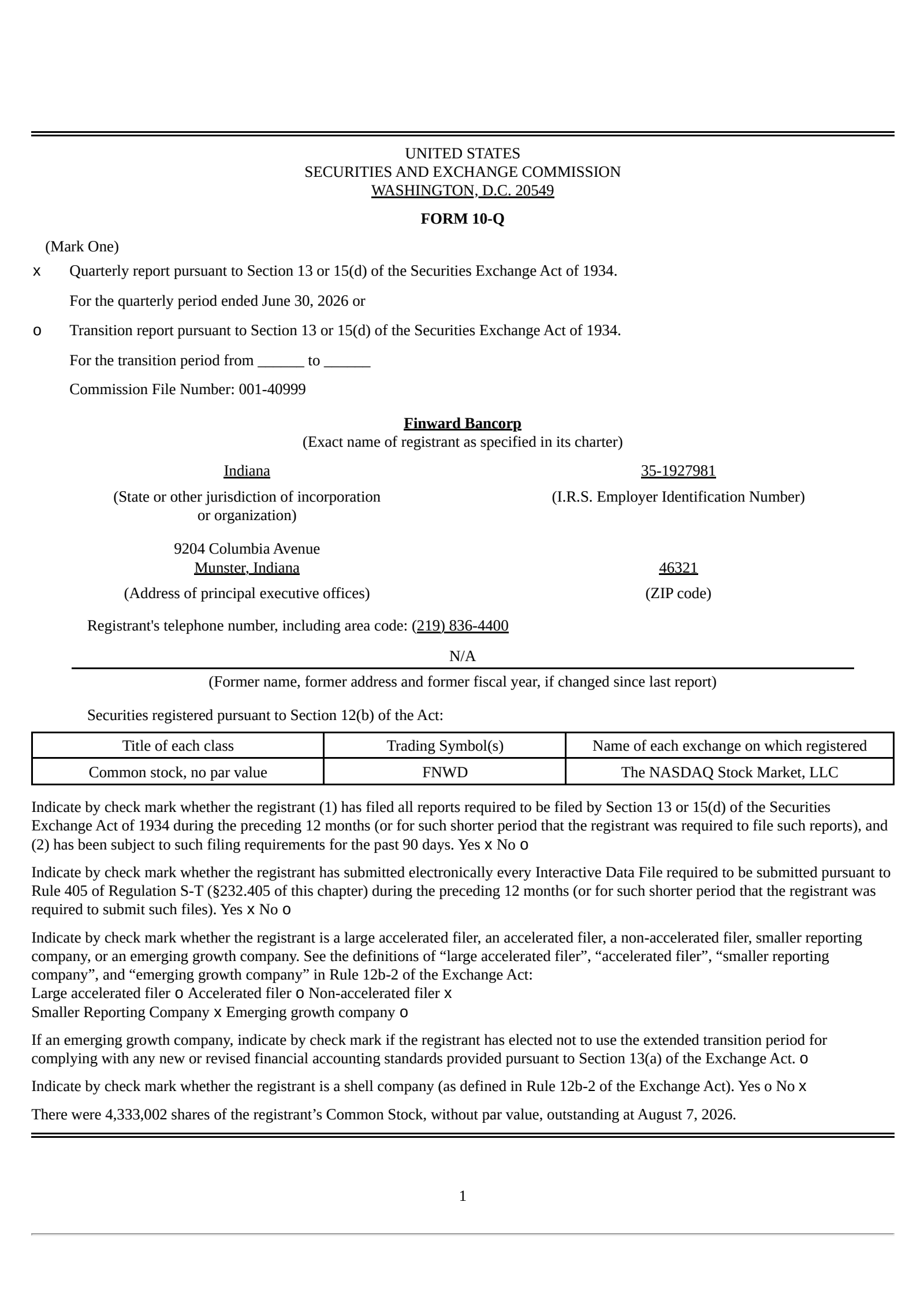 Finward Bancorp's Q2 2026 Quarterly report