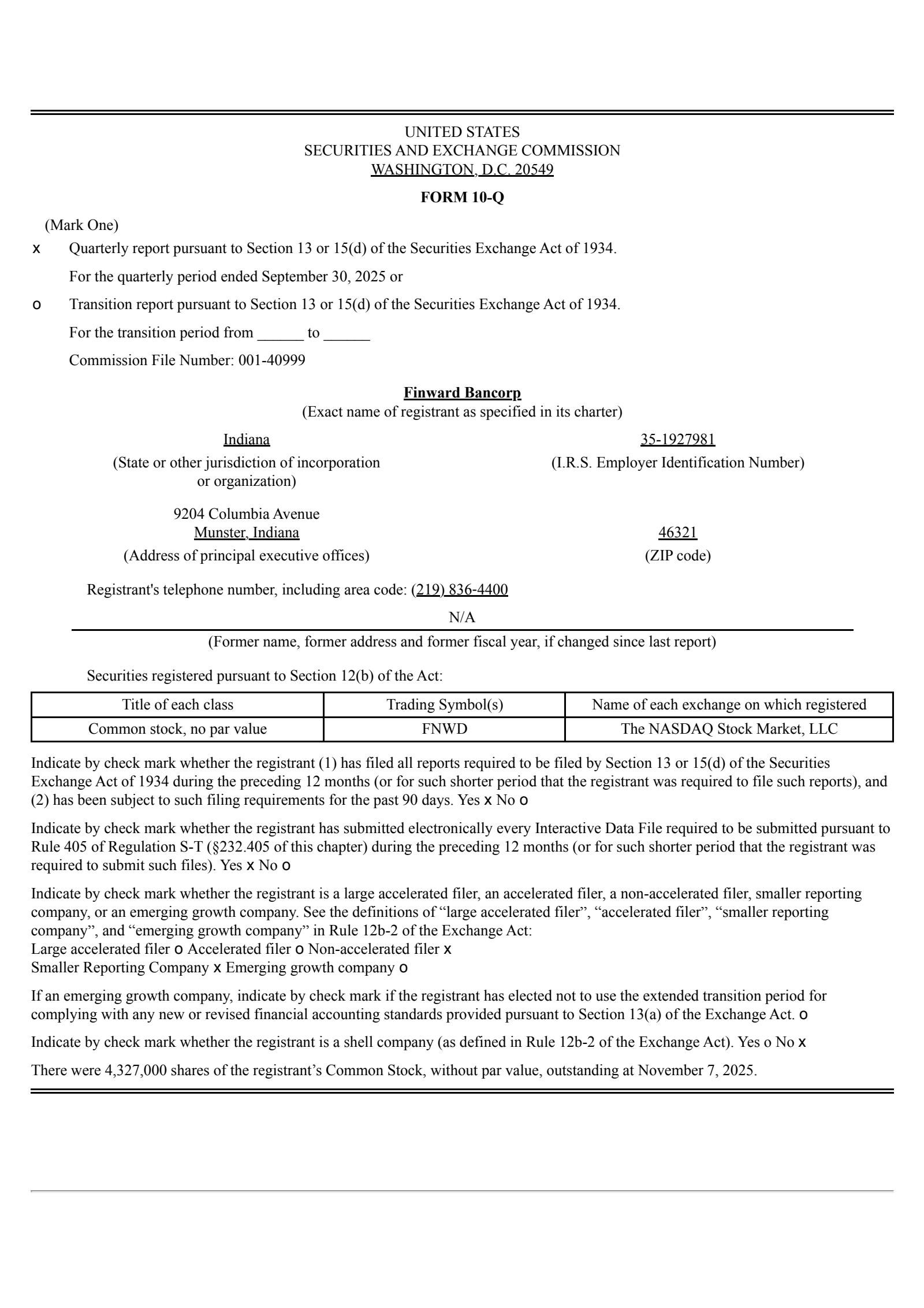 Finward Bancorp's Q3 2025 Quarterly Report