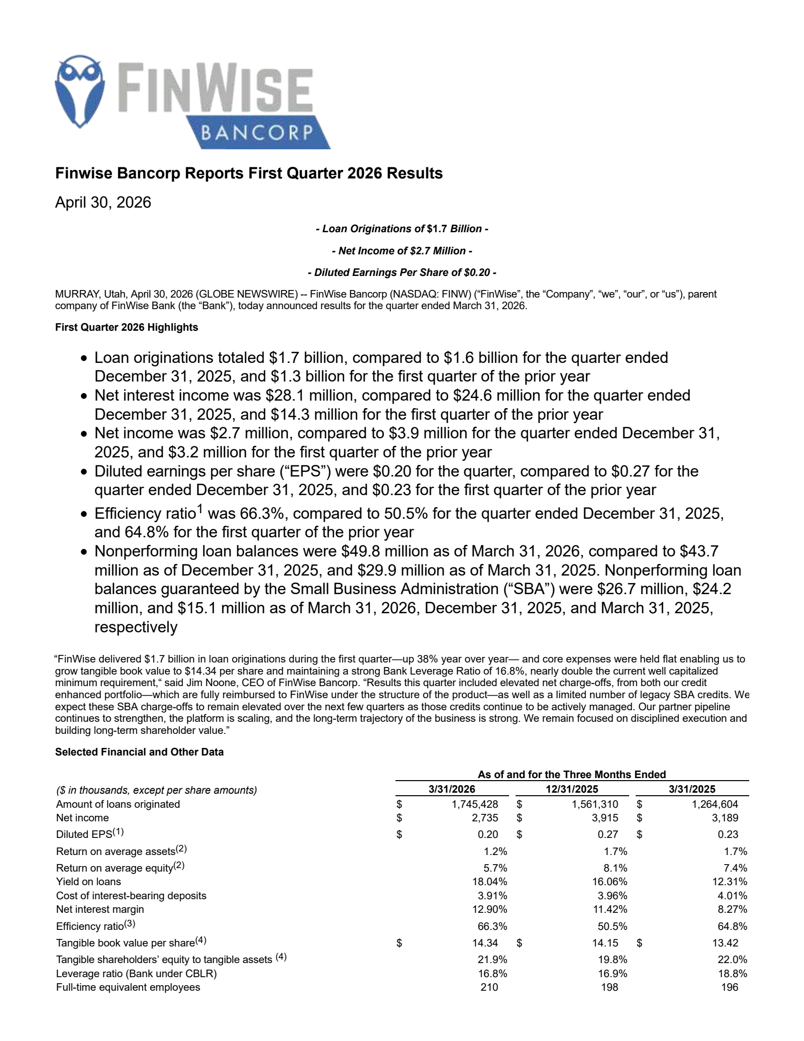 FinWise Bancorp's Q1 2026 Press Release