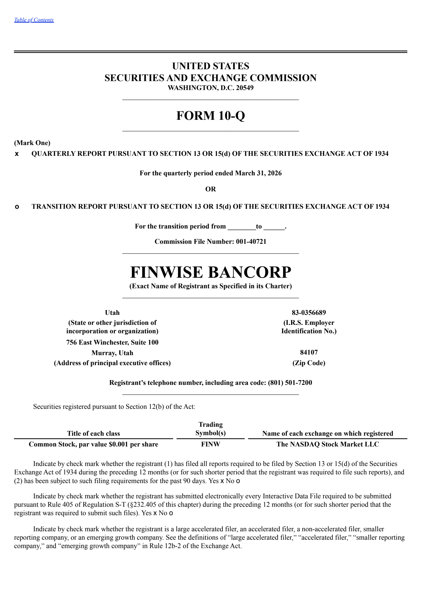 FinWise Bancorp's Q1 2026 Quarterly report