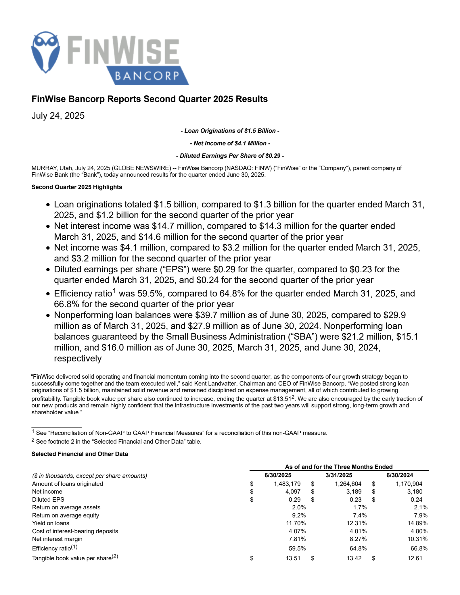 FinWise Bancorp's Q2 2025 Press Release