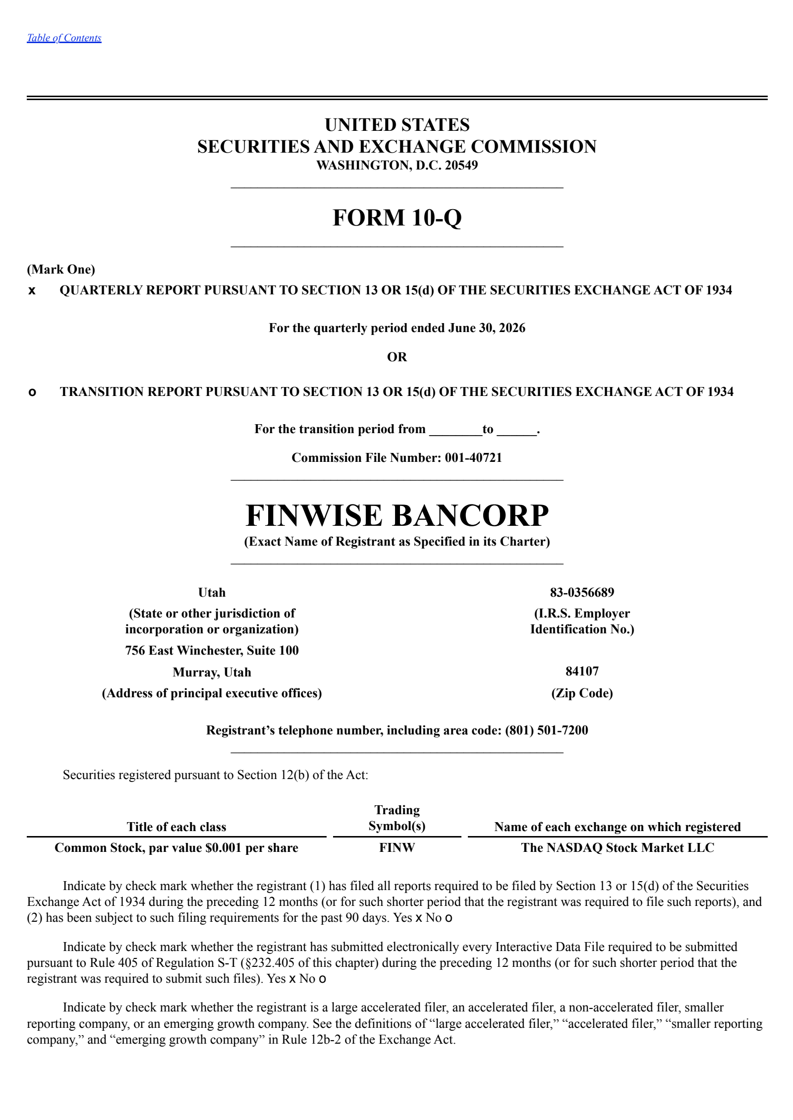 FinWise Bancorp's Q2 2026 Quarterly report