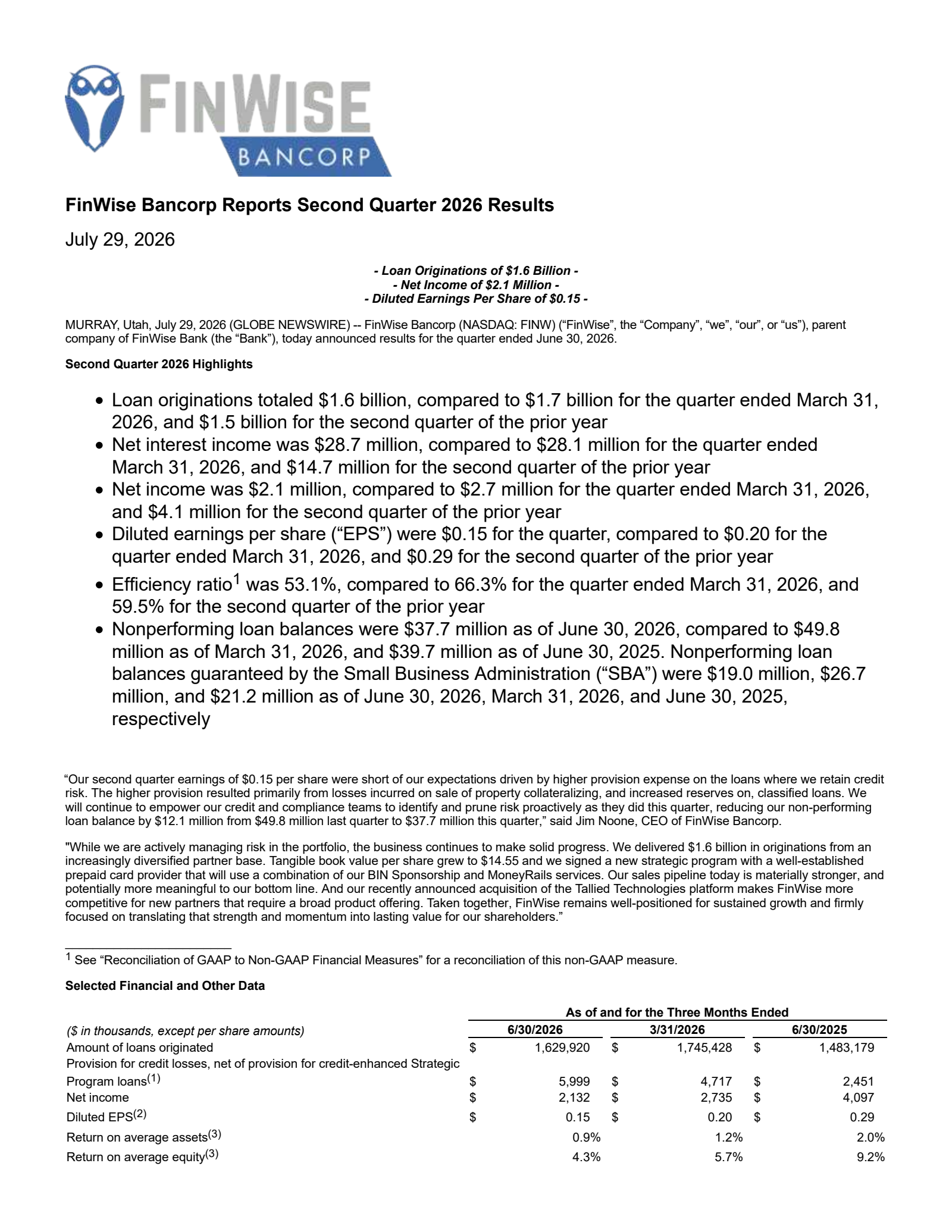 FinWise Bancorp's Q2 2026 Press Release