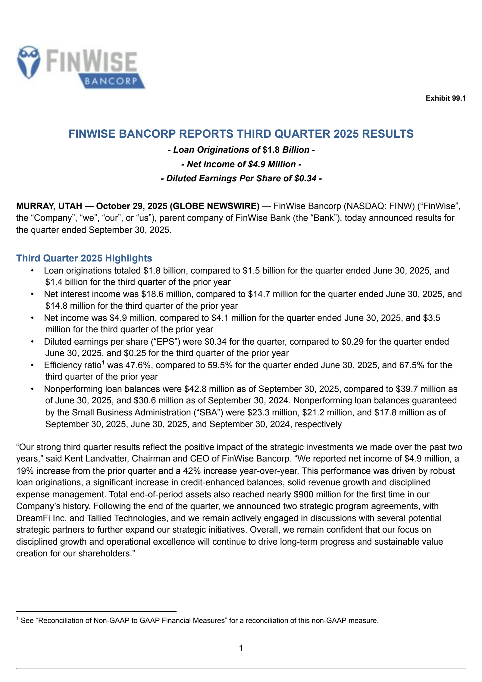 FinWise Bancorp's Q3 2025 Earnings Release