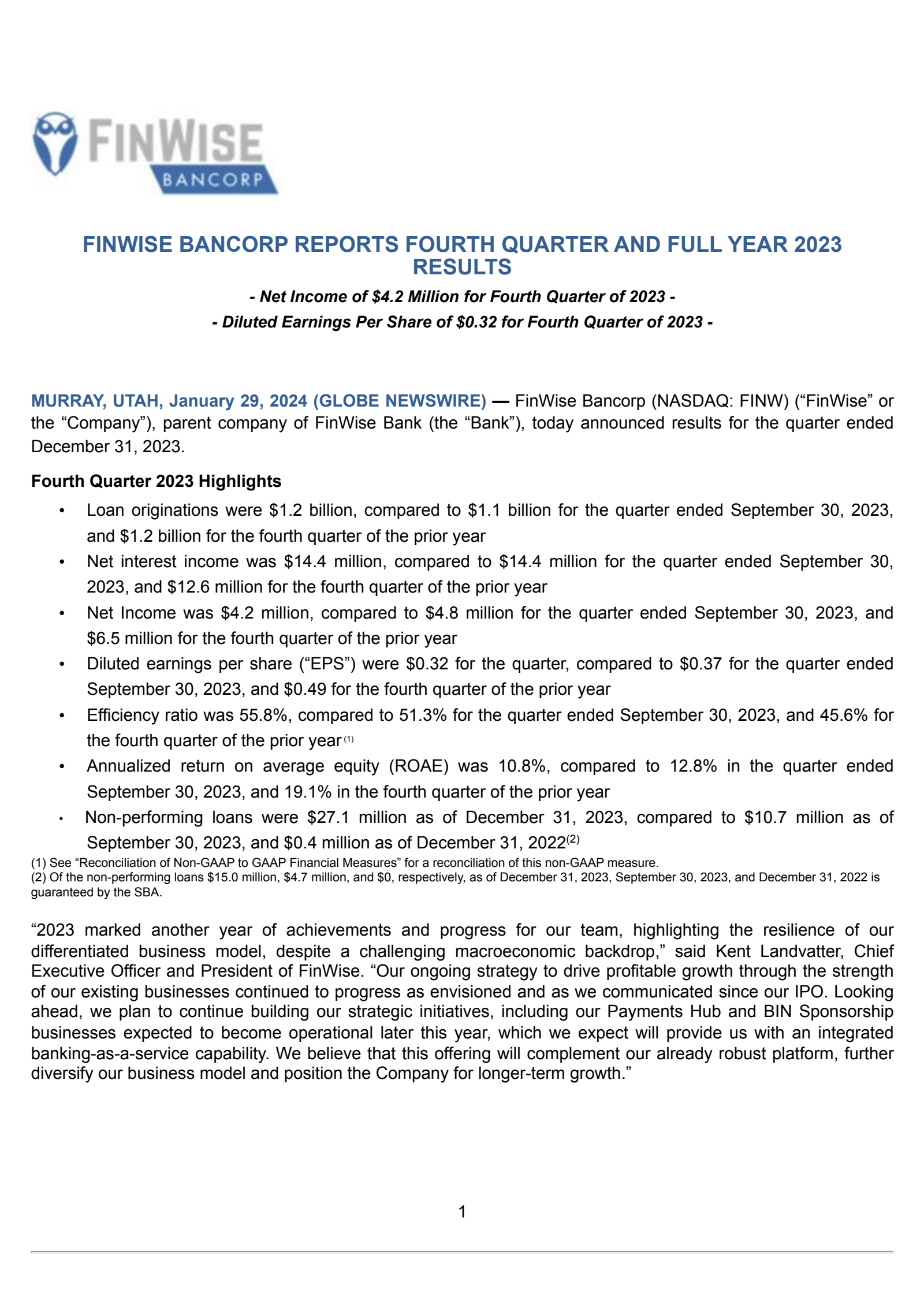 FinWise Bancorp's Q4 2023 Press Release