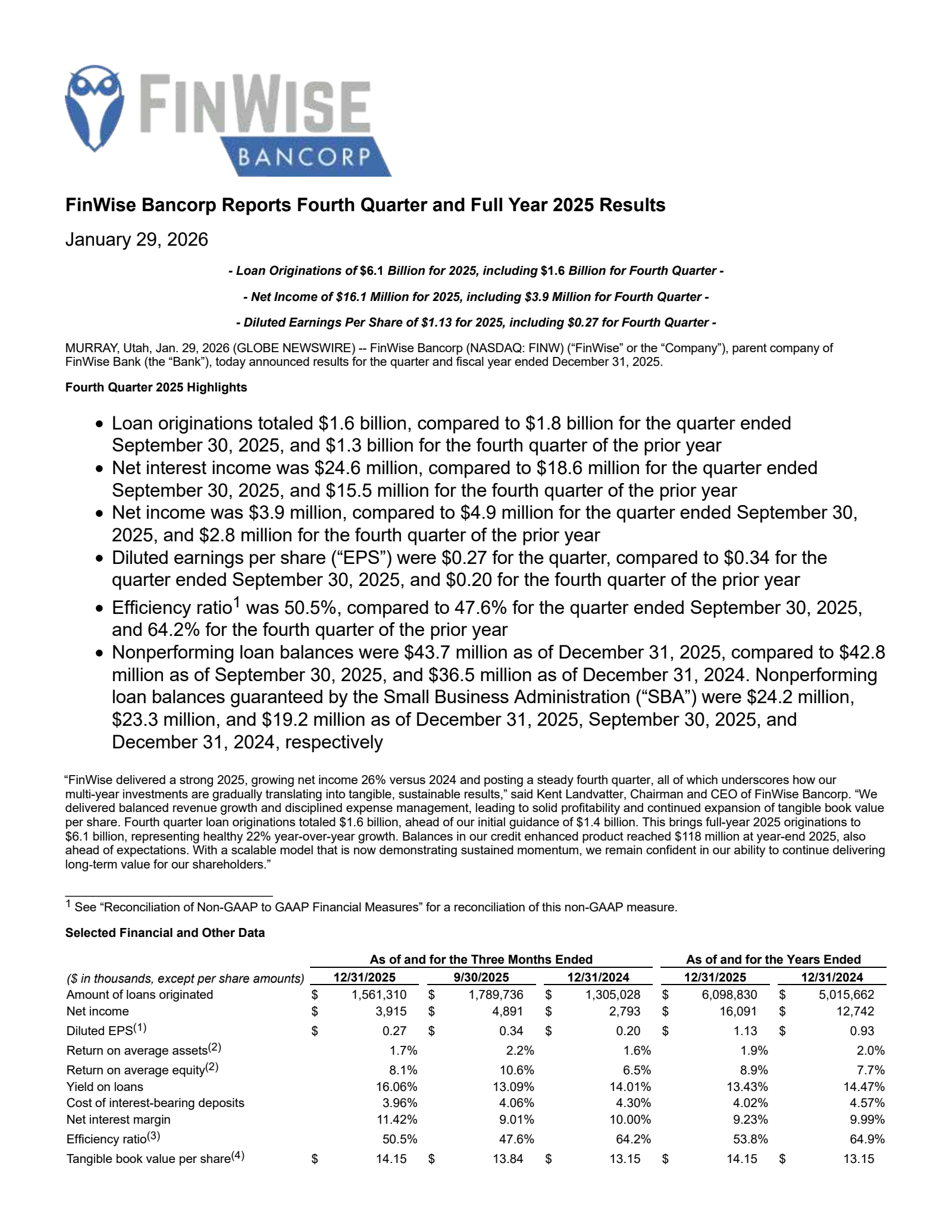 FinWise Bancorp's Q4 2025 Press Release