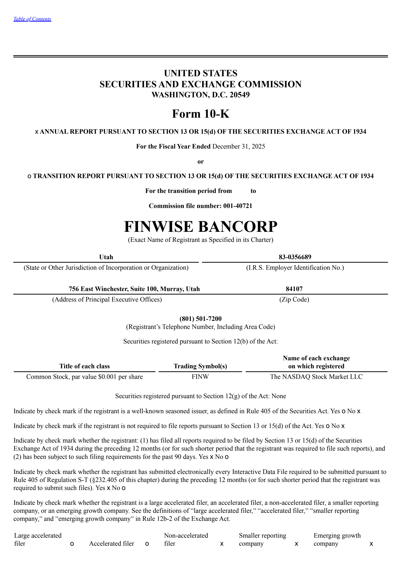 FinWise Bancorp's Q4 2025 Annual report