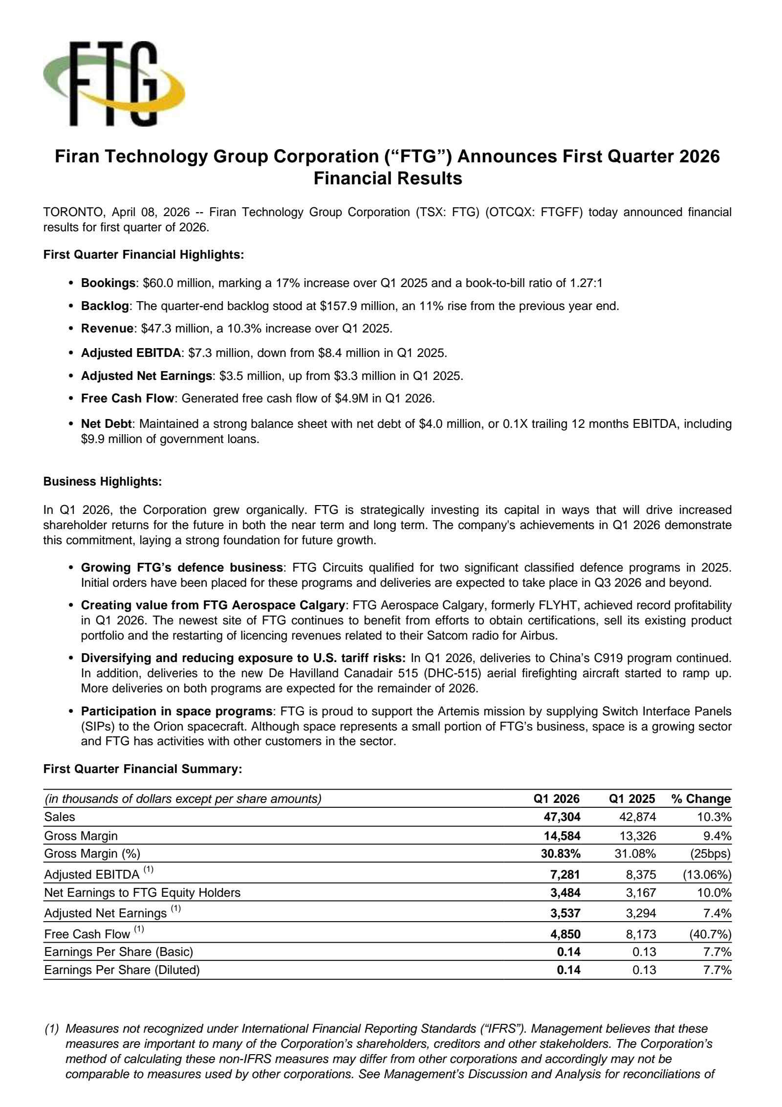 Firan Technology Group's Q1 2026 Press Release