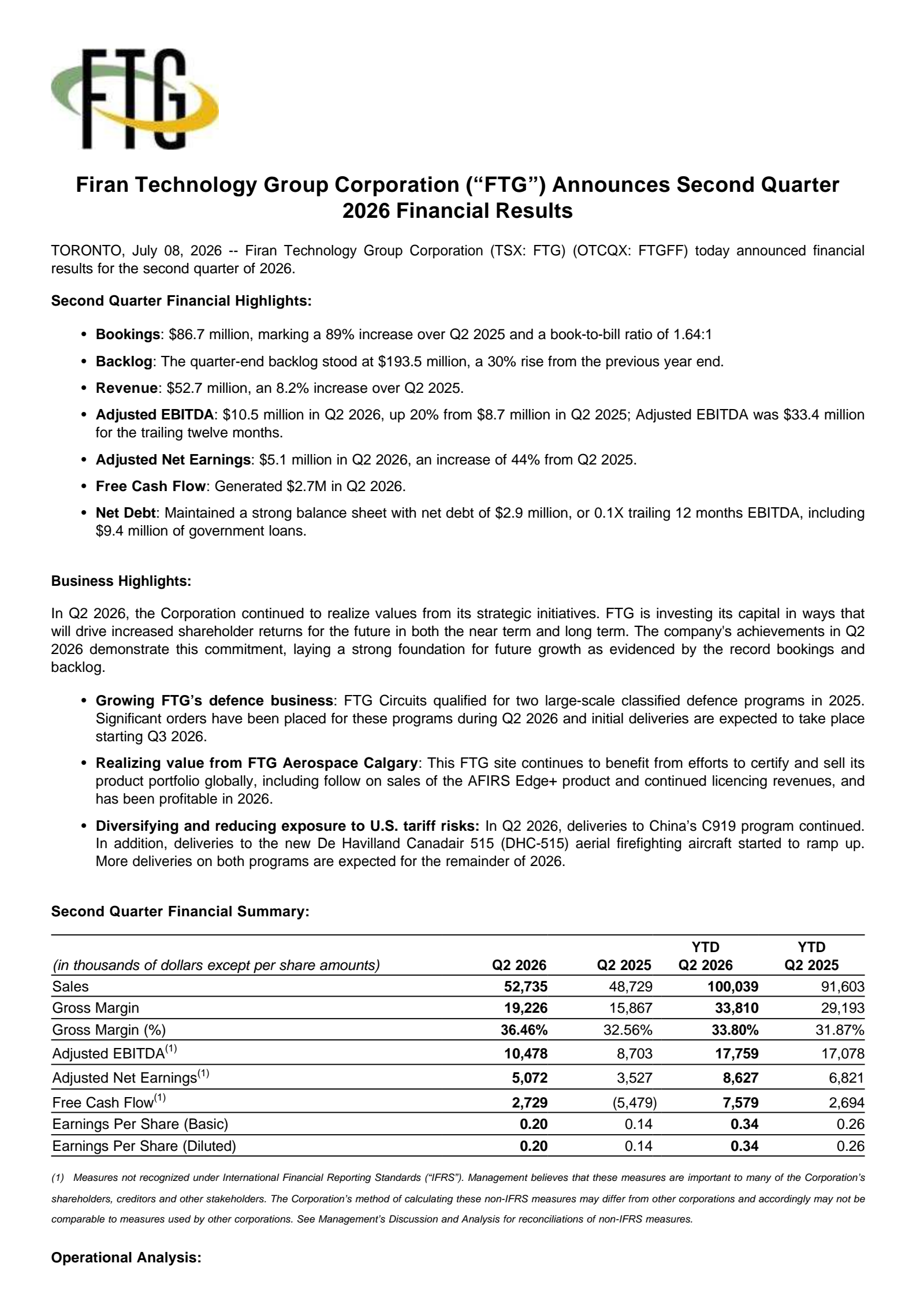 Firan Technology Group's Q2 2026 Press Release