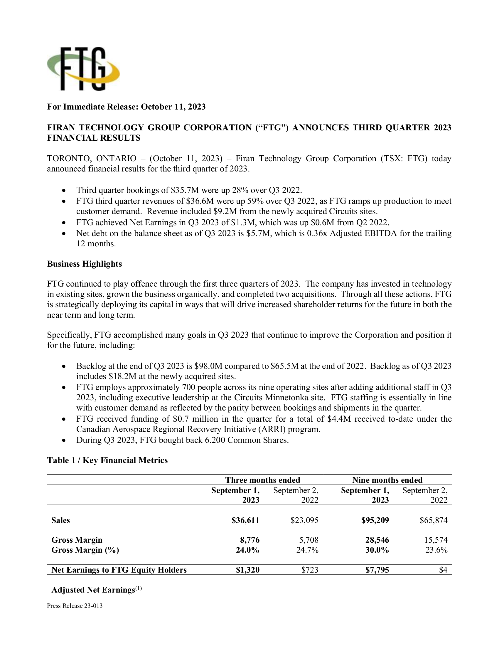 Firan Technology Group's Q3 2023 Press Release