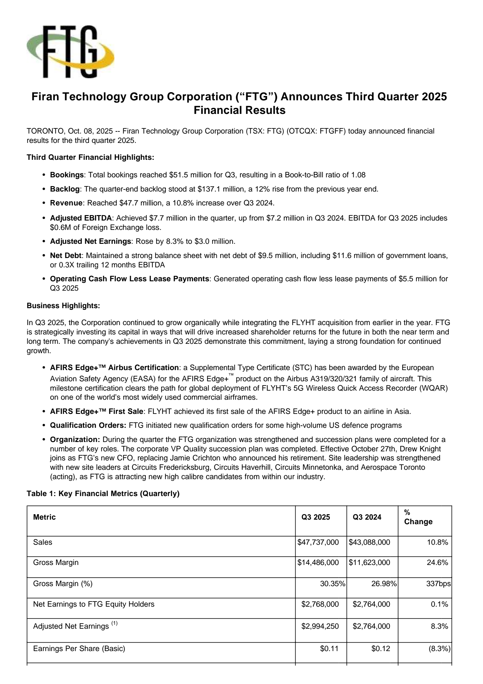 Firan Technology Group's Q3 2025 Earnings Release