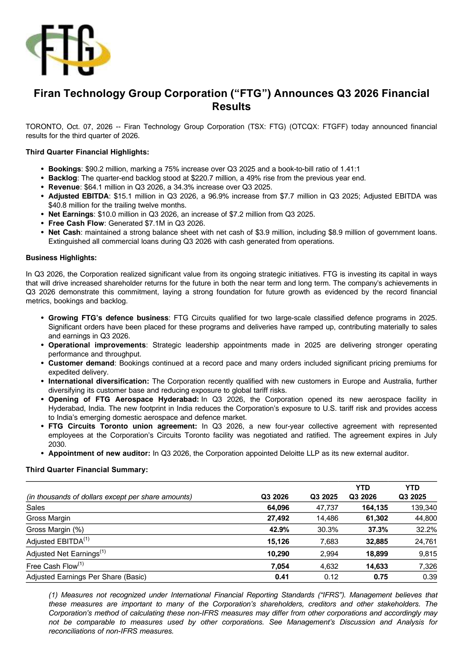 Firan Technology Group's Q3 2026 Press Release
