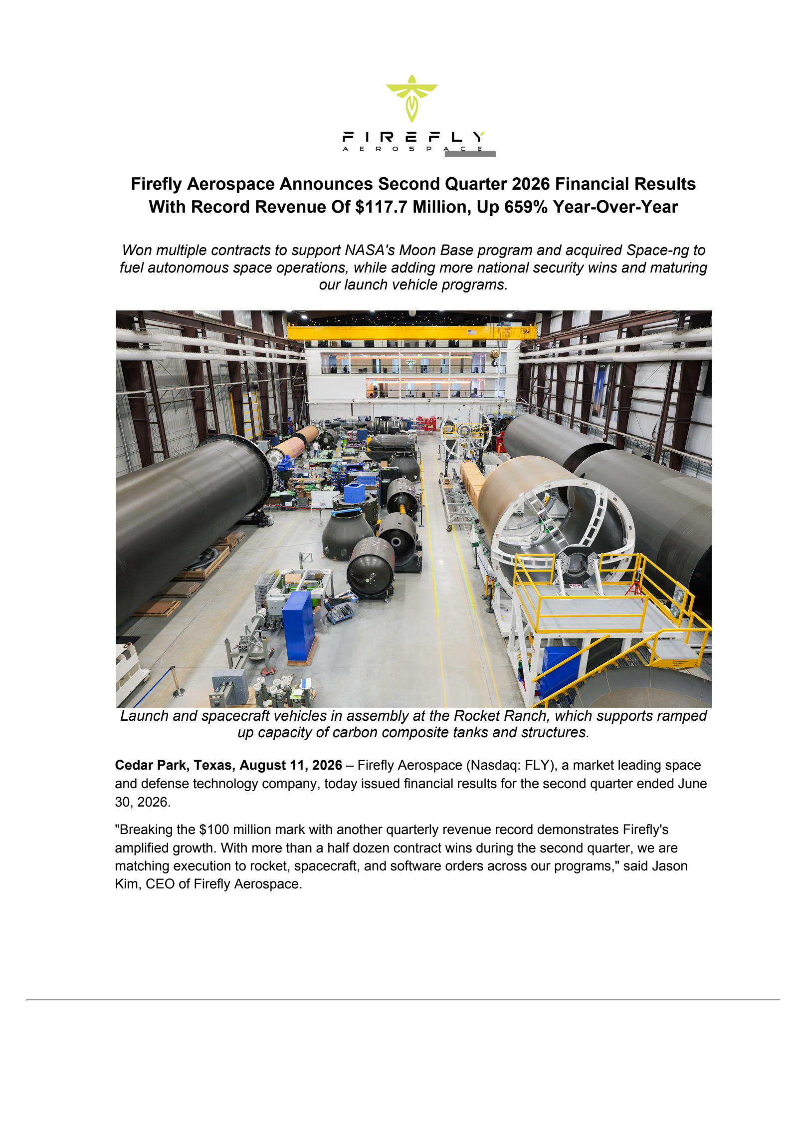 Firefly Aerospace's Q2 2026 Press Release