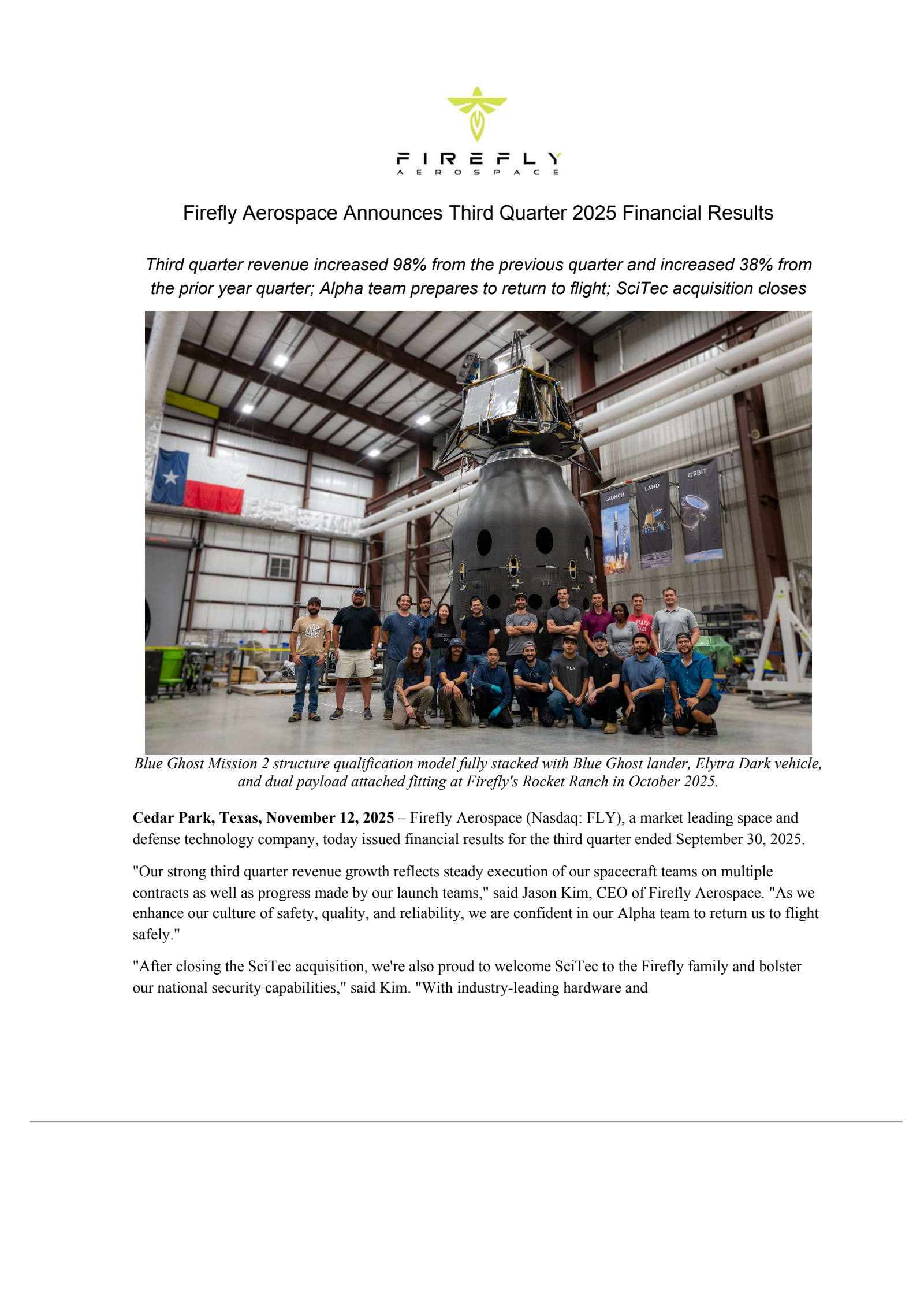 Firefly Aerospace's Q3 2025 Earnings Release
