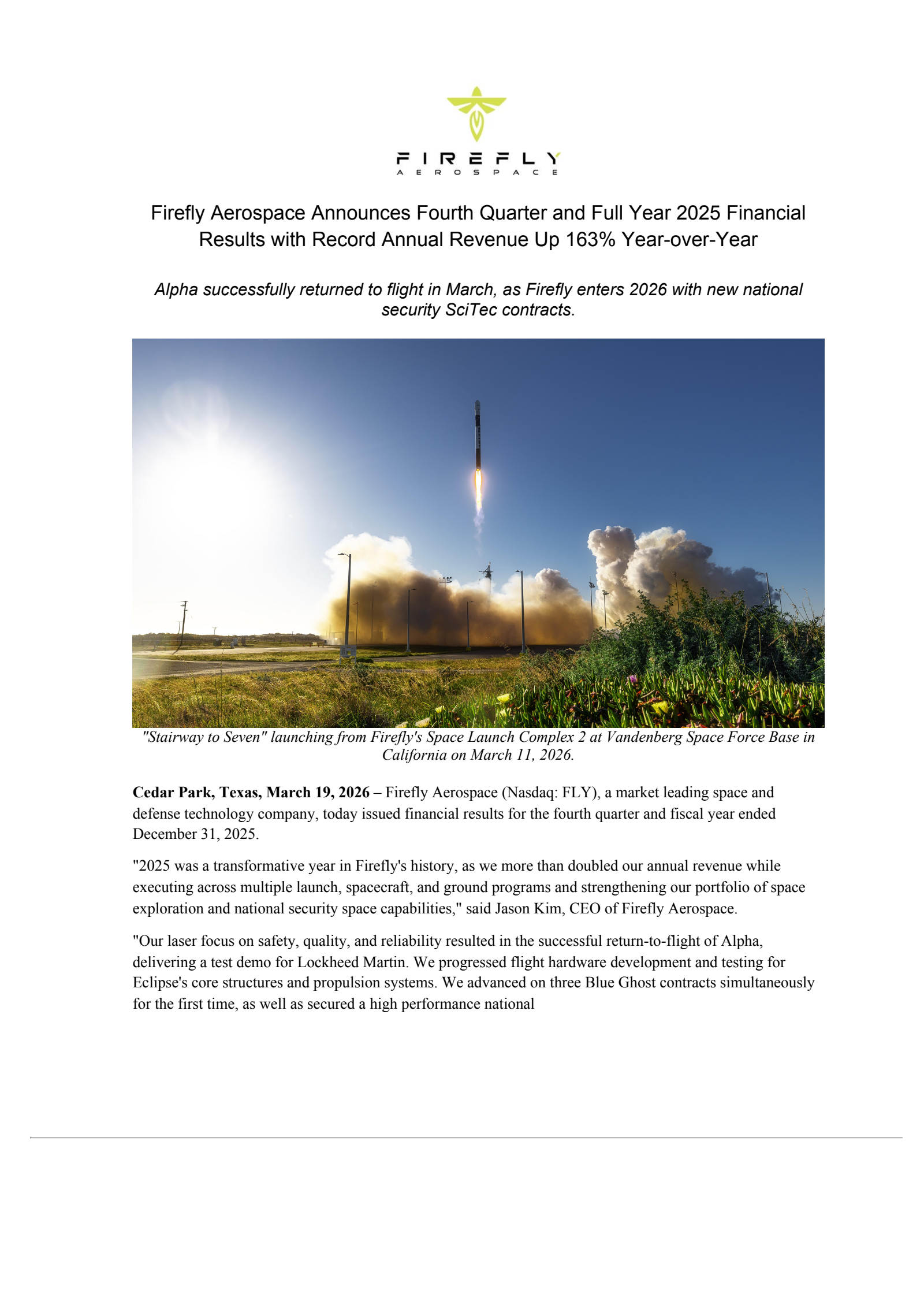 Firefly Aerospace's Q4 2025 Press Release