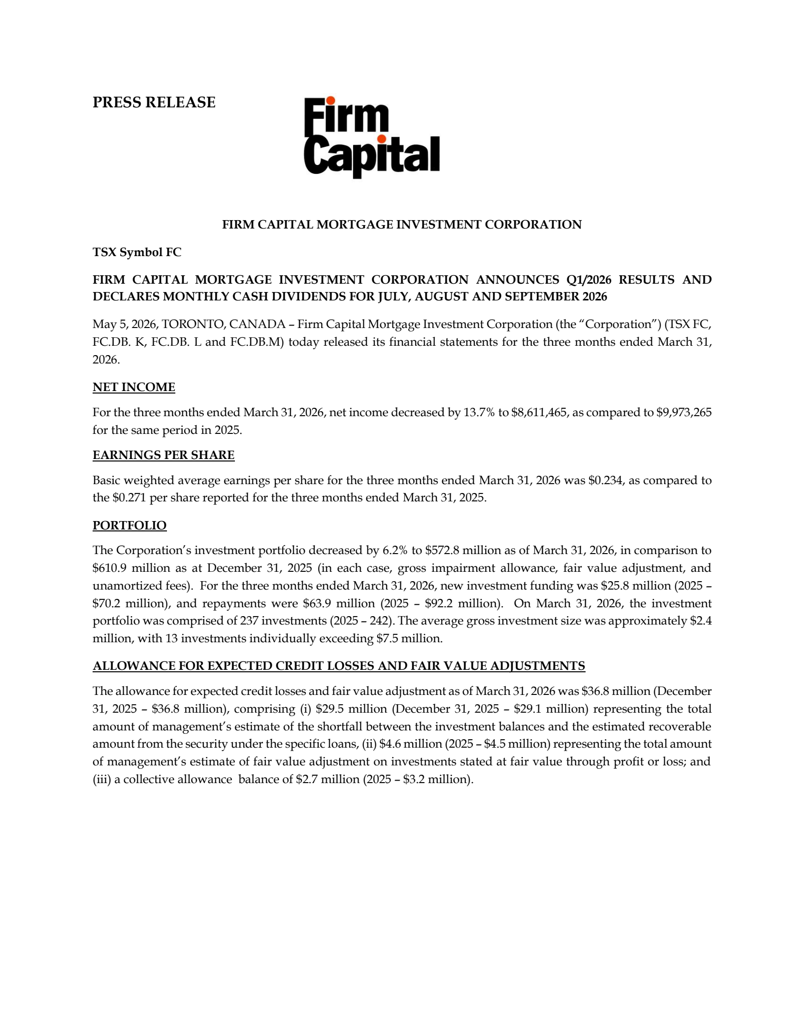 Firm Capital Mortgage Investment's Q1 2026 Press Release