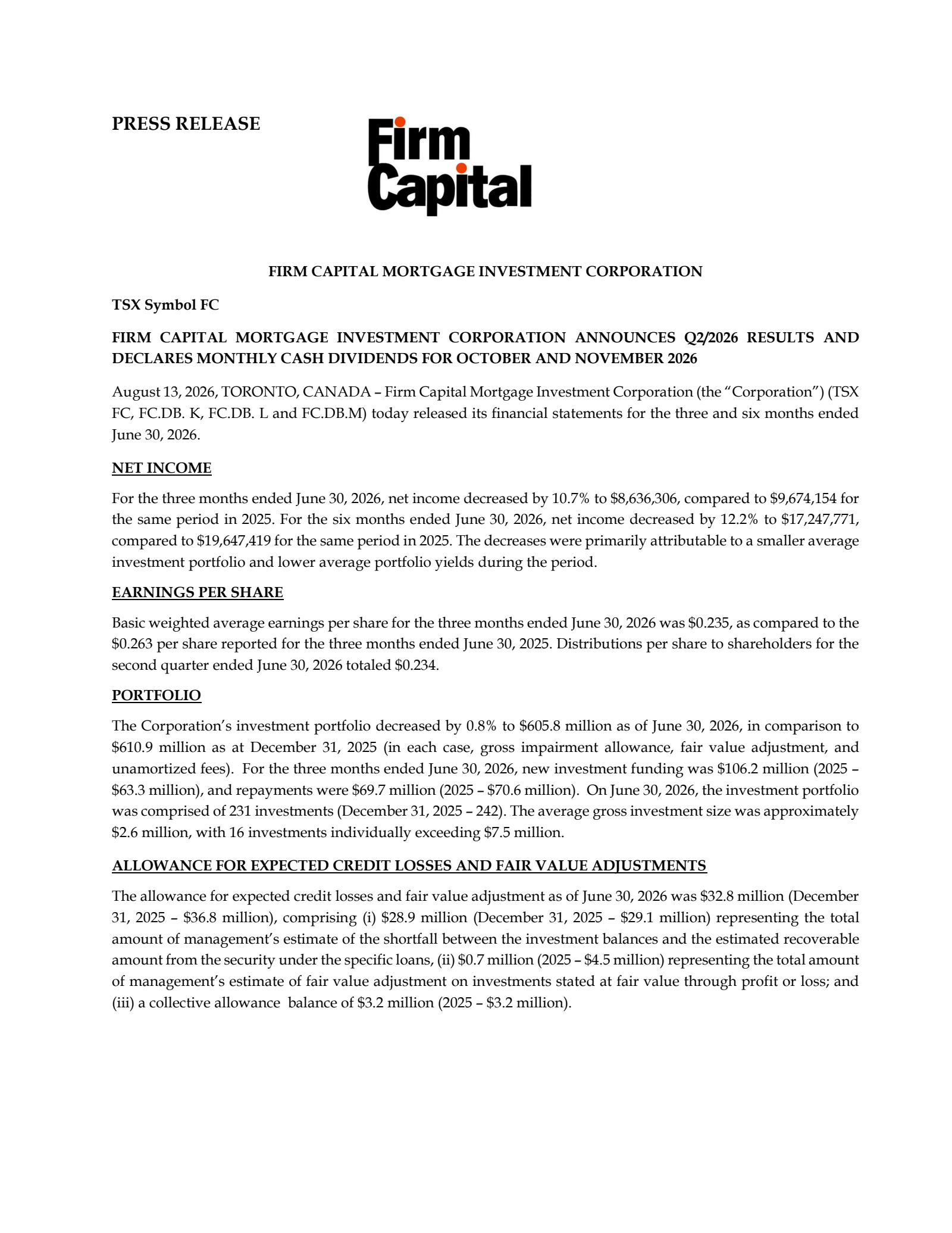 Firm Capital Mortgage Investment's Q2 2026 Press Release