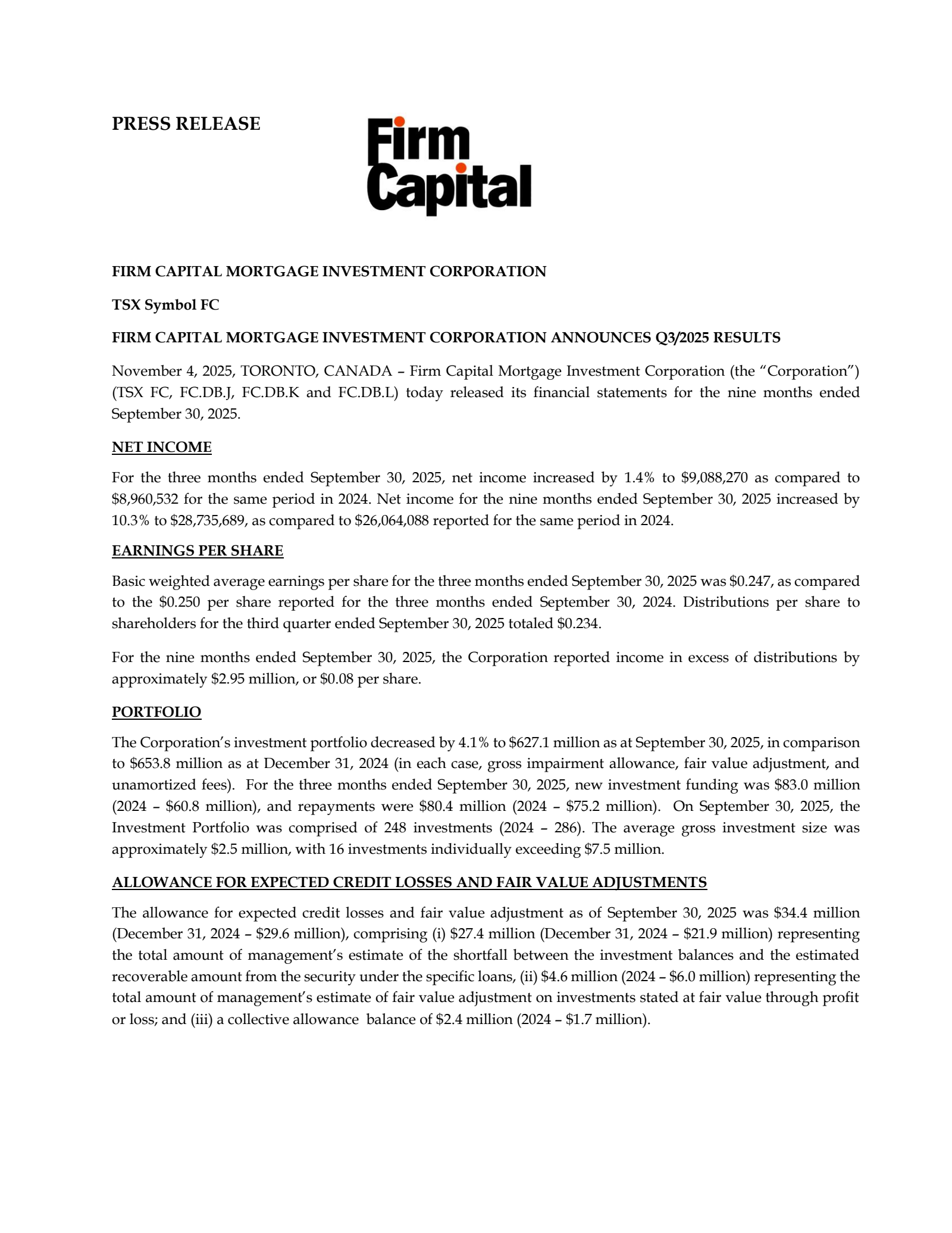 Firm Capital Mortgage Investment's Q3 2025 Press Release