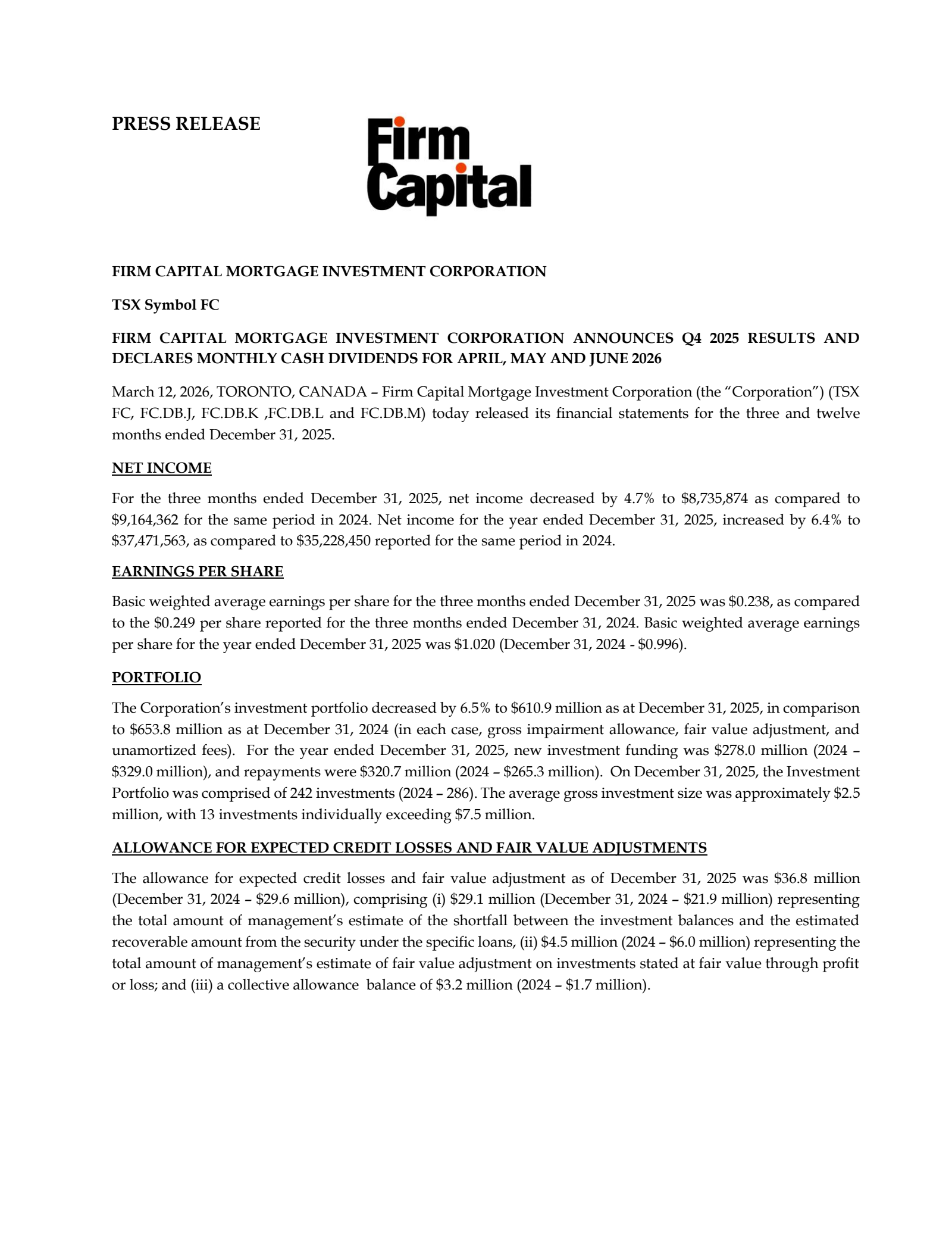 Firm Capital Mortgage Investment's Q4 2025 Press Release