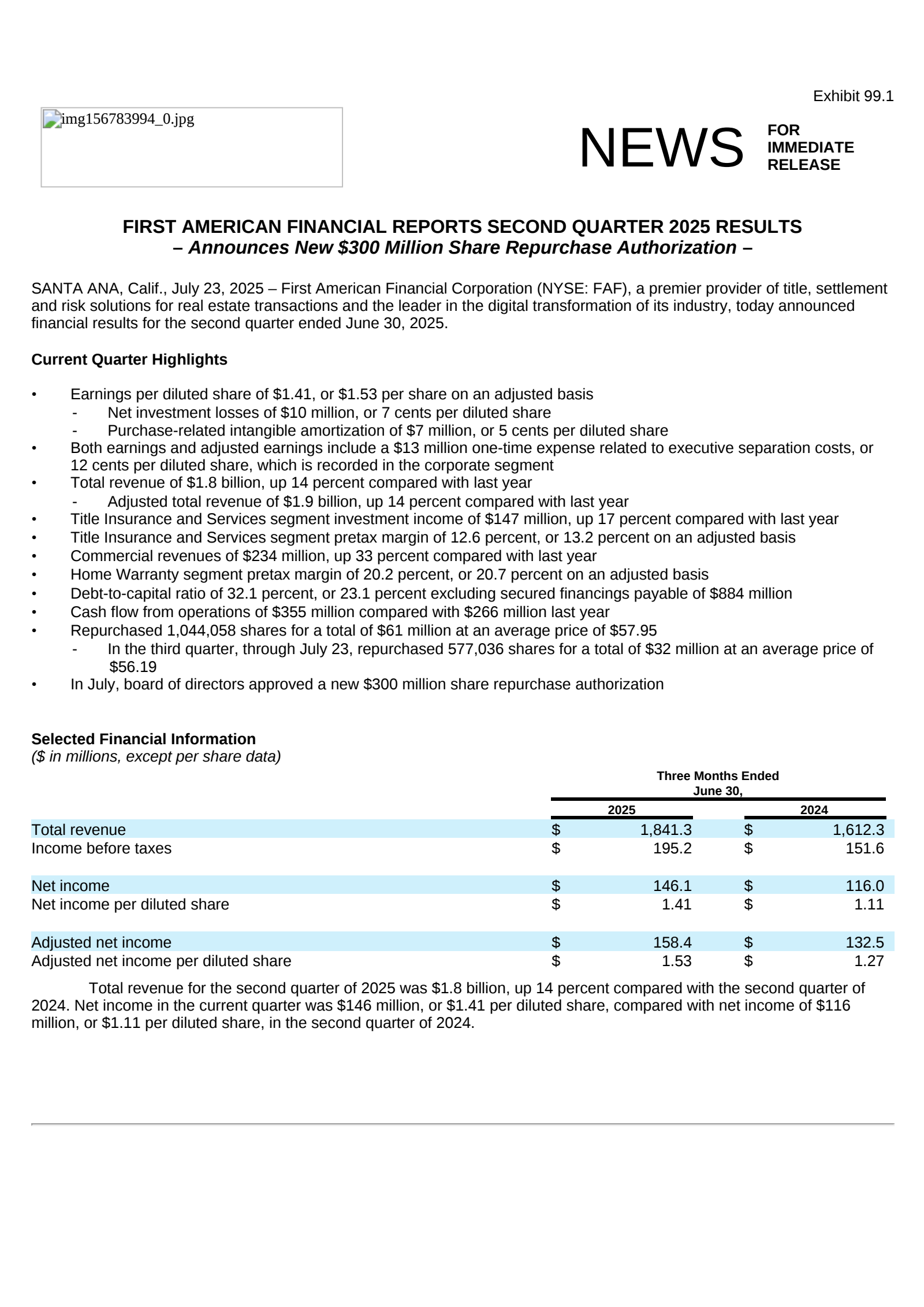 First American Financial's Q2 2025 Press Release