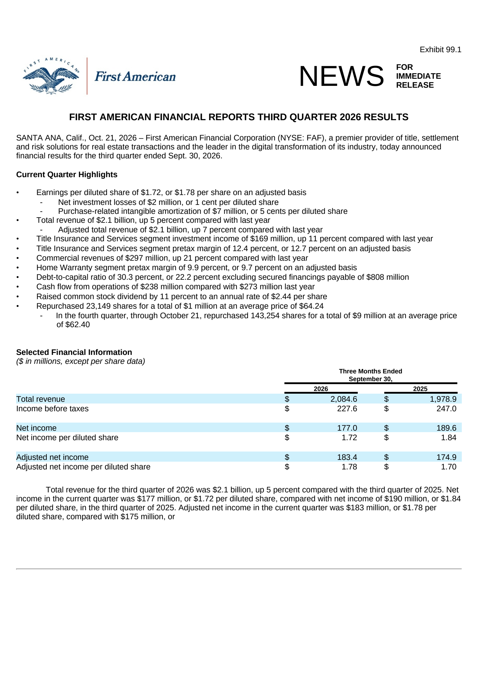 First American Financial's Q3 2026 Press Release
