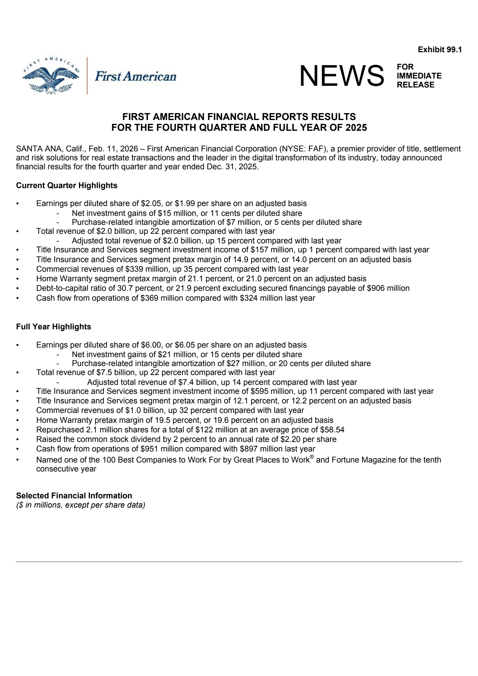 First American Financial's Q4 2025 Press Release