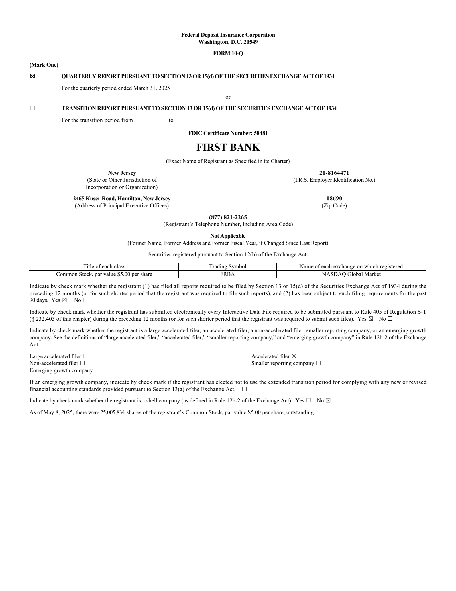 First Bank's Q1 2025 Quarterly Report