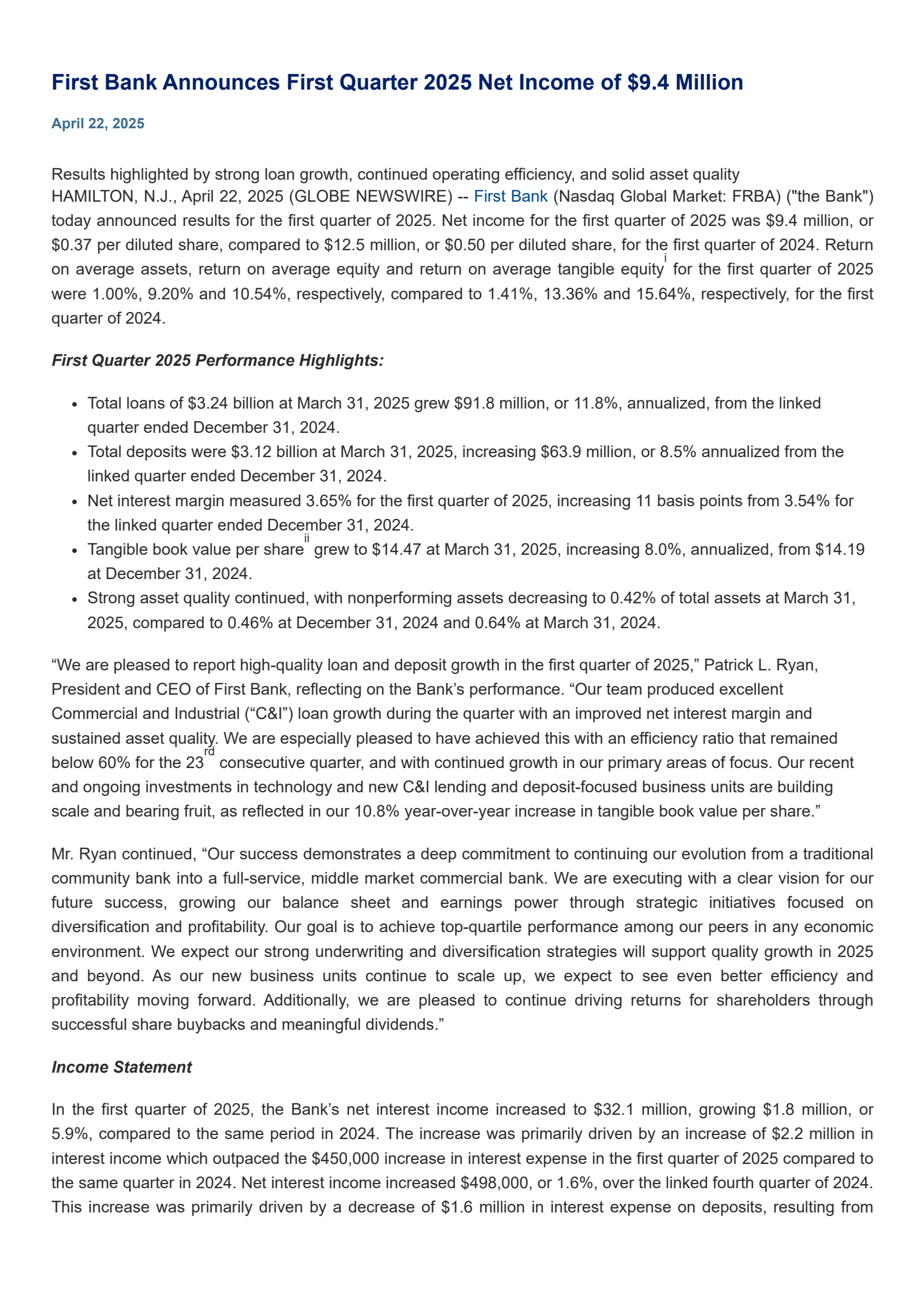 First Bank's Q1 2025 Press Release