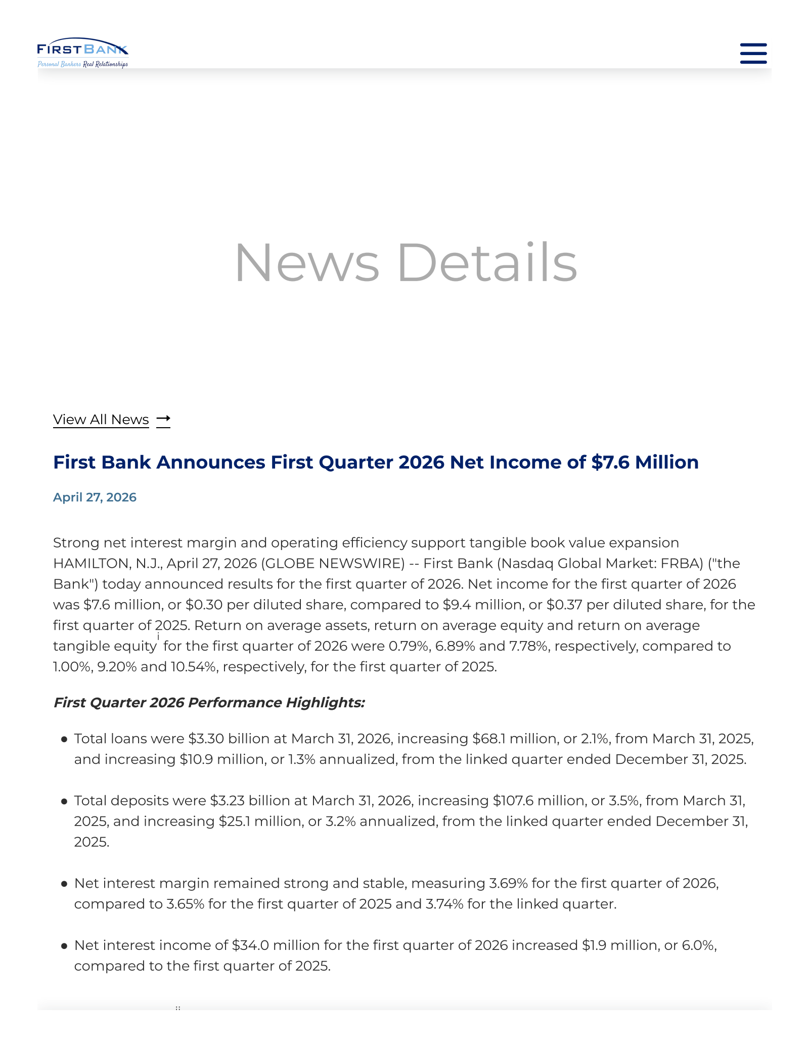 First Bank's Q1 2026 Press Release