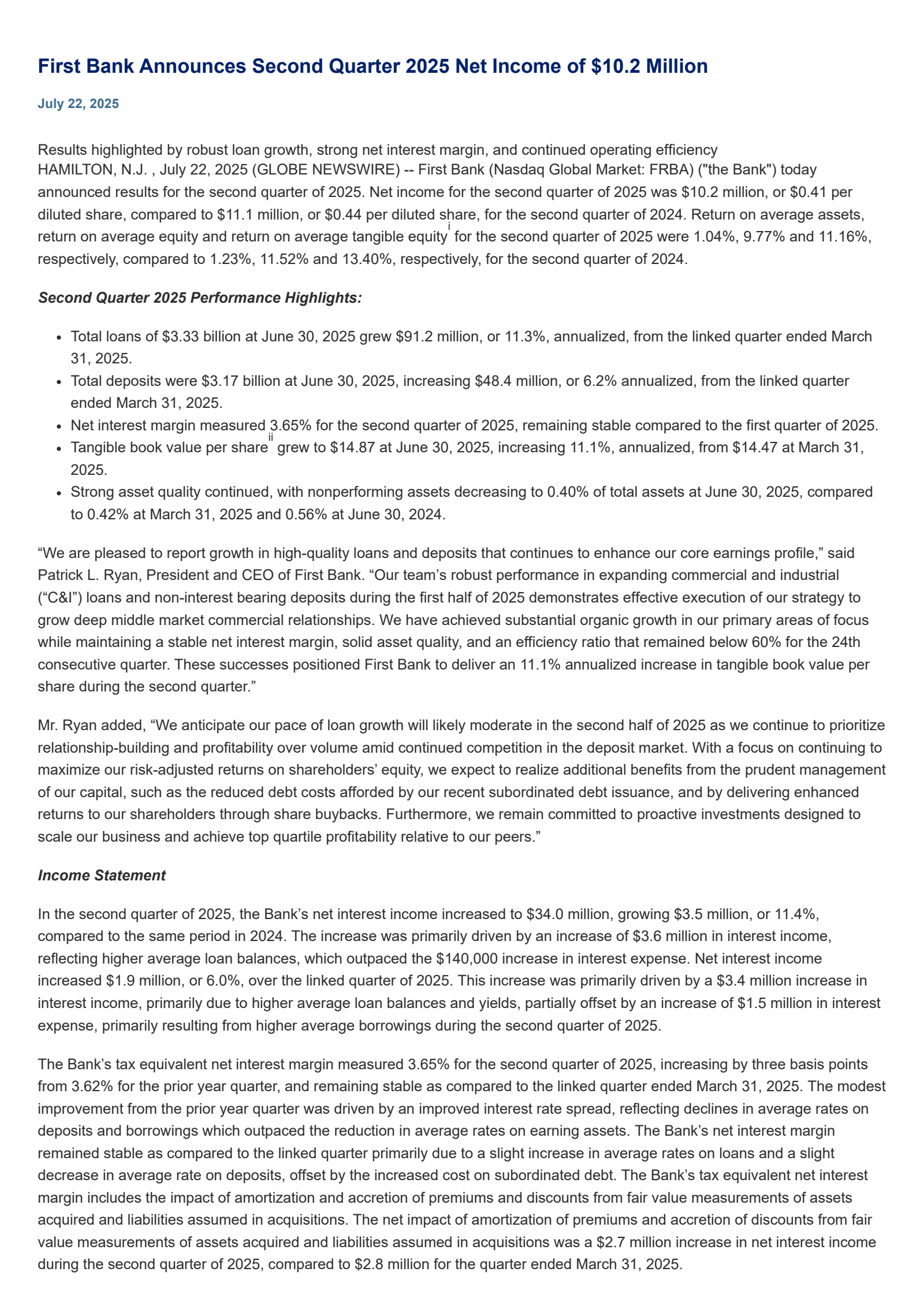 First Bank's Q2 2025 Press Release
