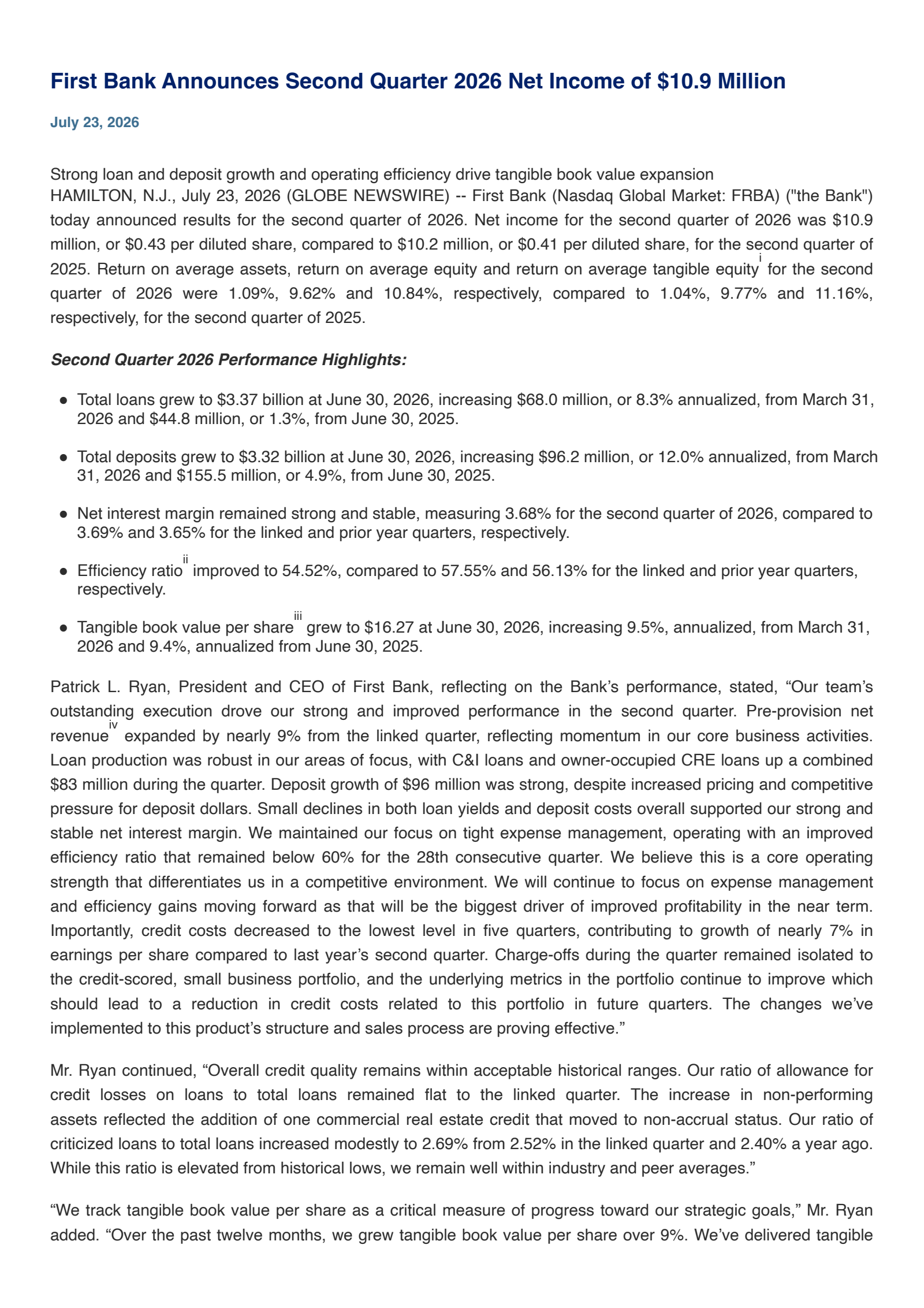 First Bank's Q2 2026 Press Release