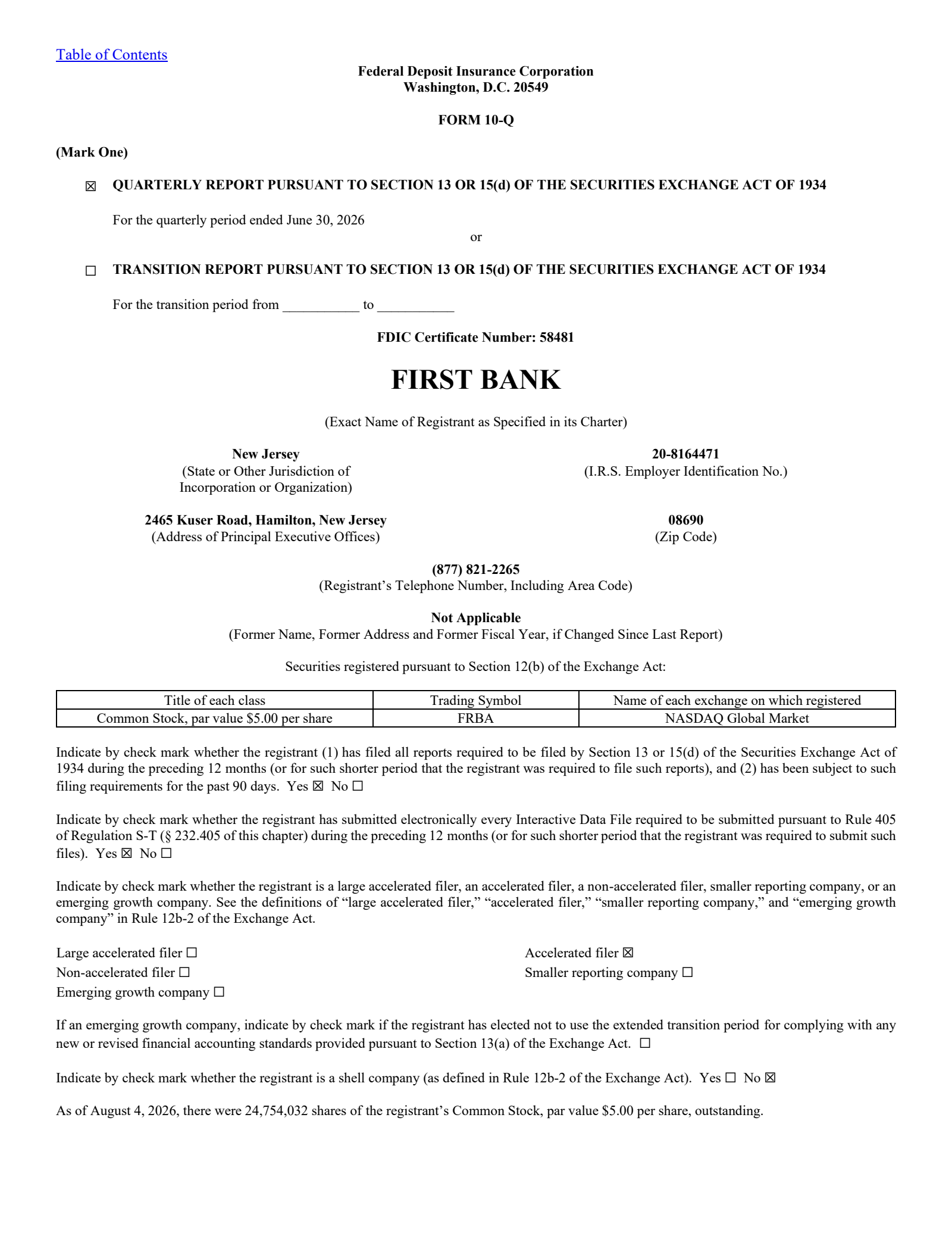 First Bank's Q2 2026 Quarterly report
