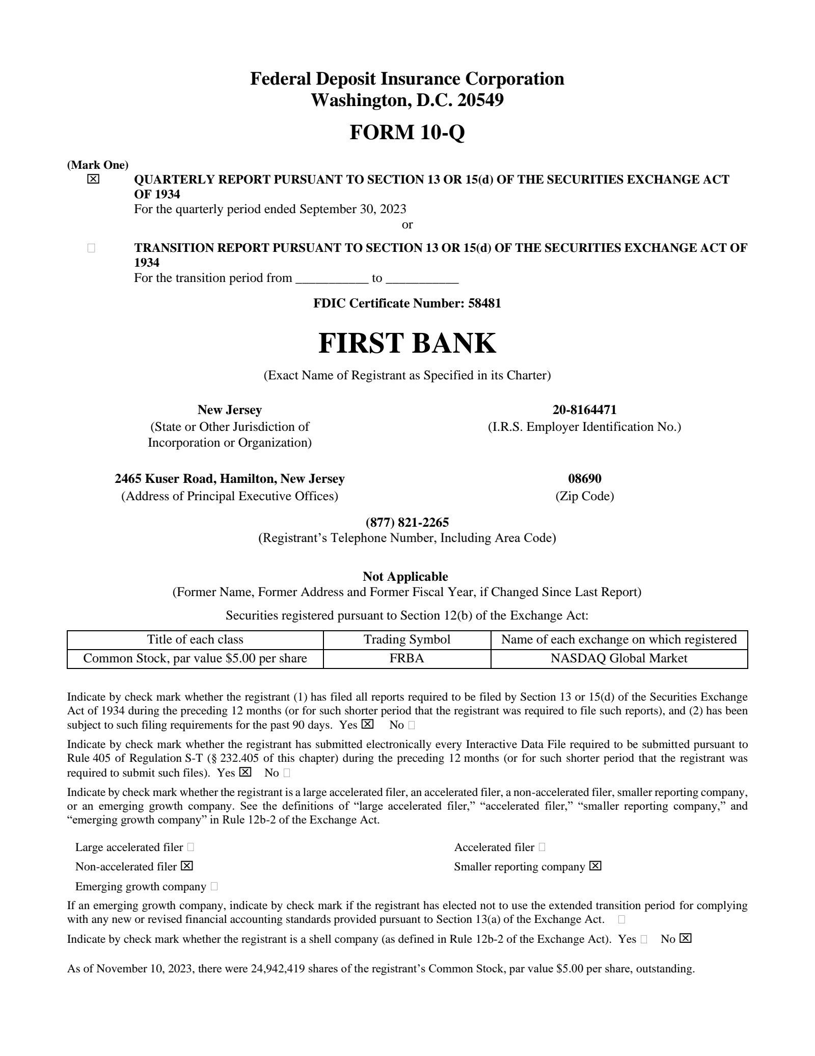 FRBA Q3 2023 Earnings Report on 10/25/2023